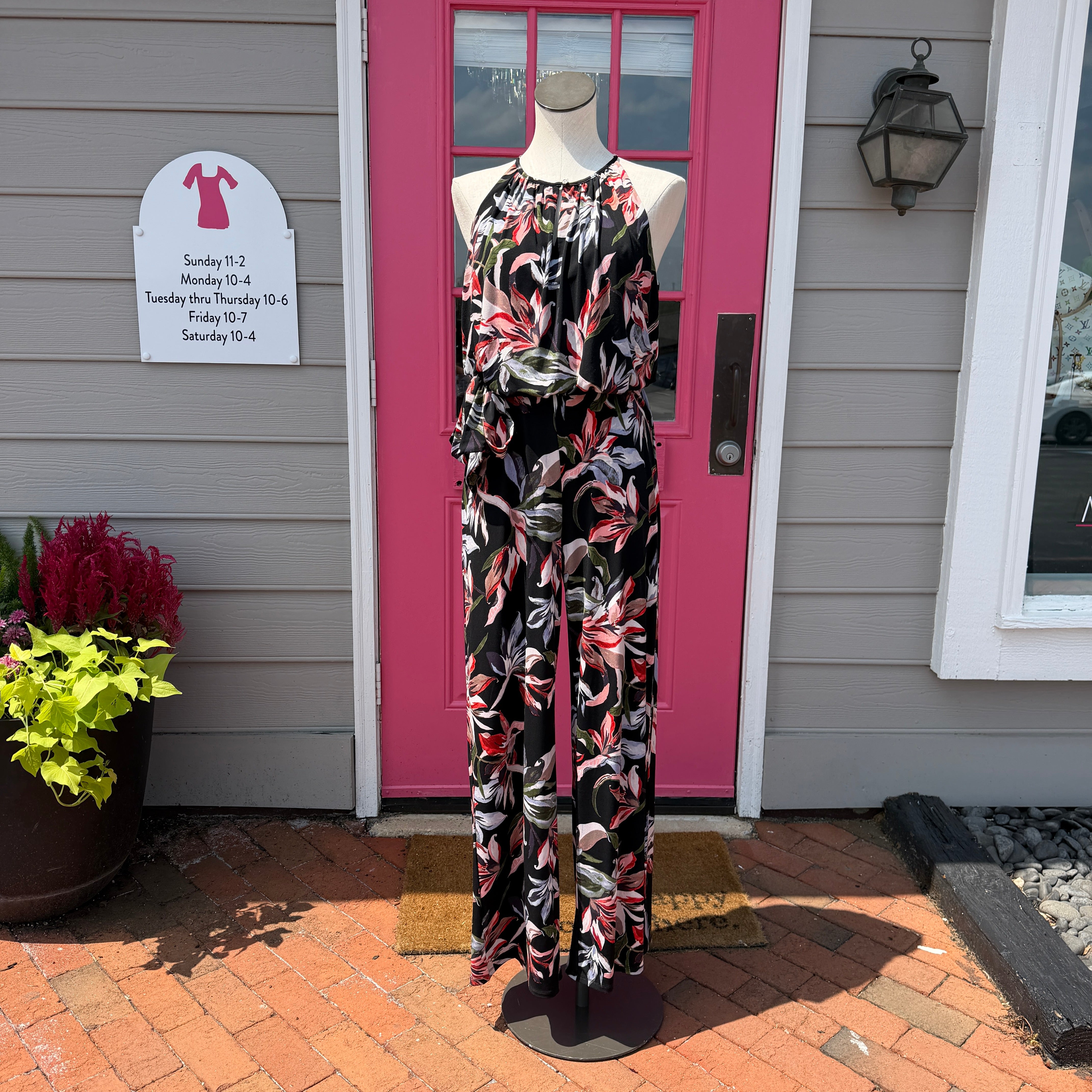 T Tahari black pink floral jumpsuit size M