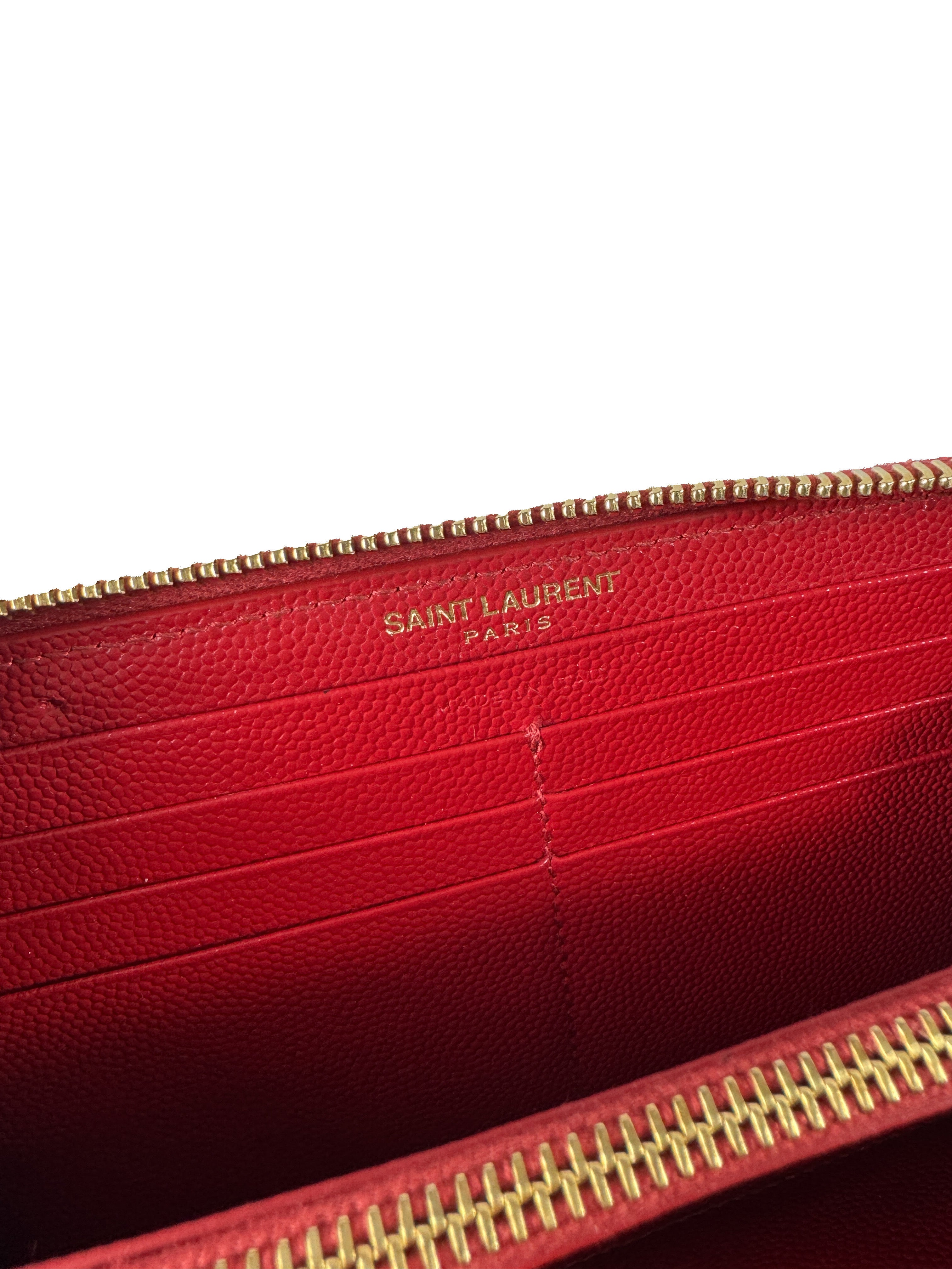 Saint Laurent red grain de poudre matelasse chevon monogram zip around wallet INN3580941118