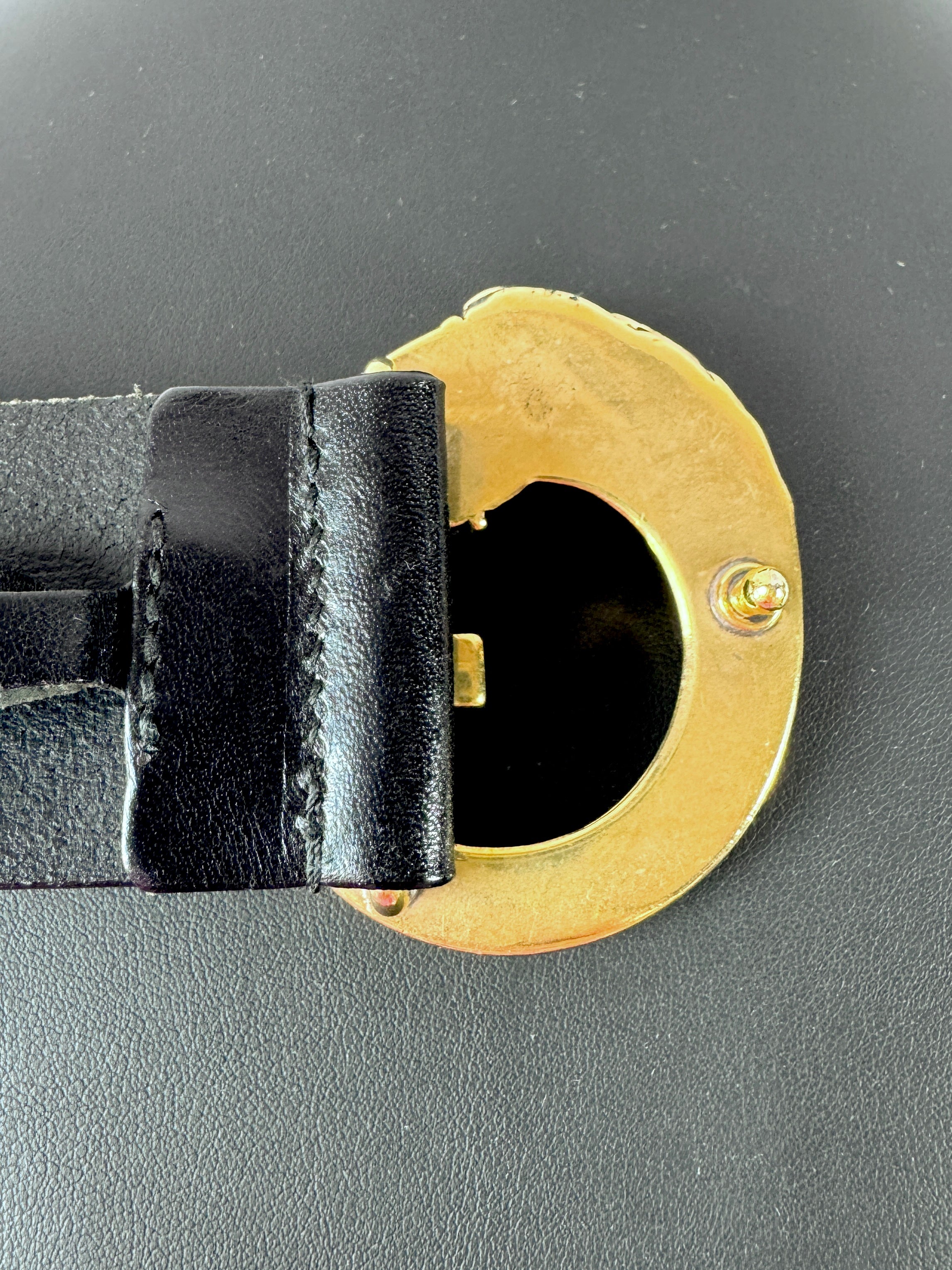 Gucci black leather G horse head belt size 85 201785