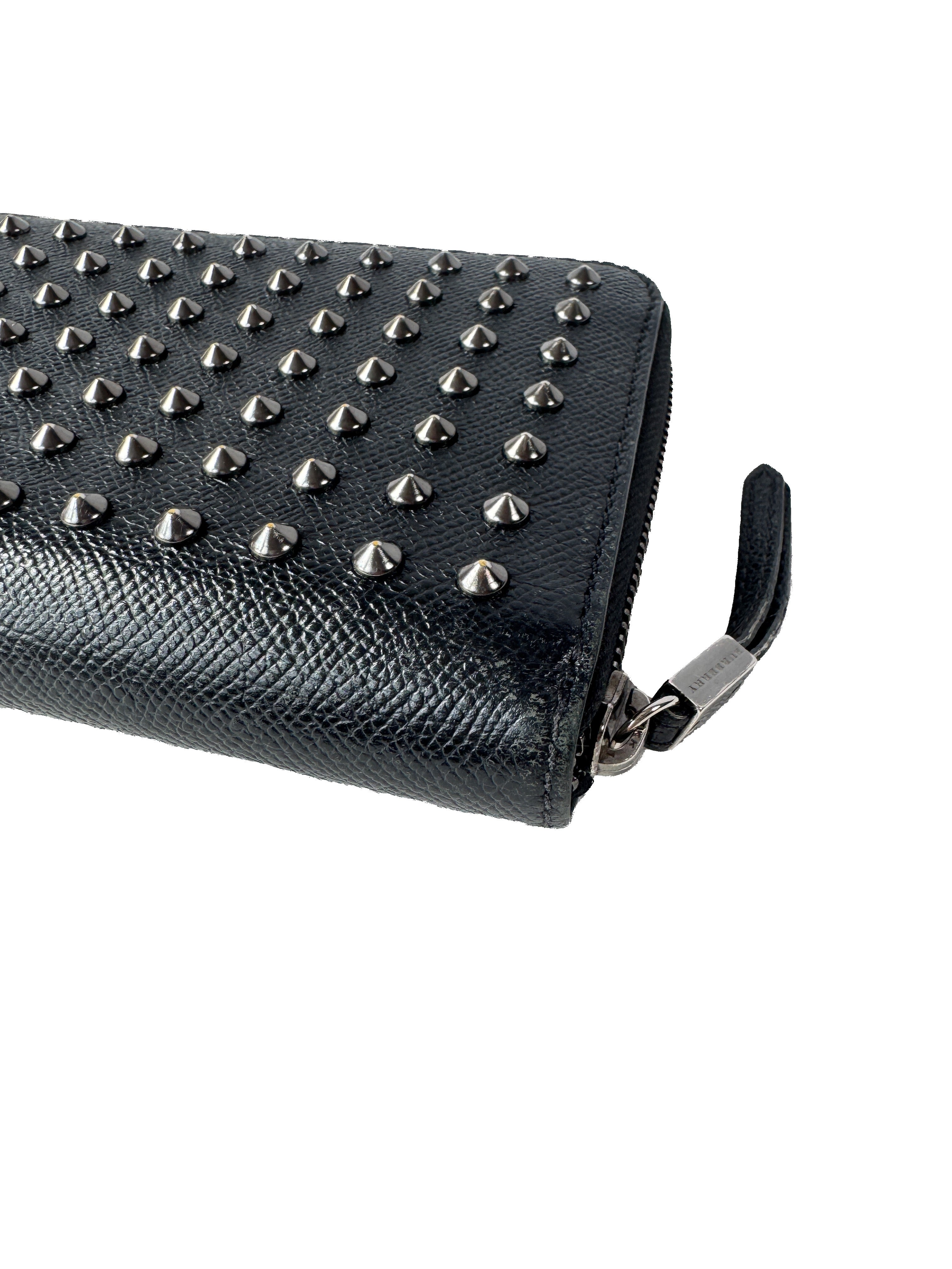Burberry black leather studded zip around wallet