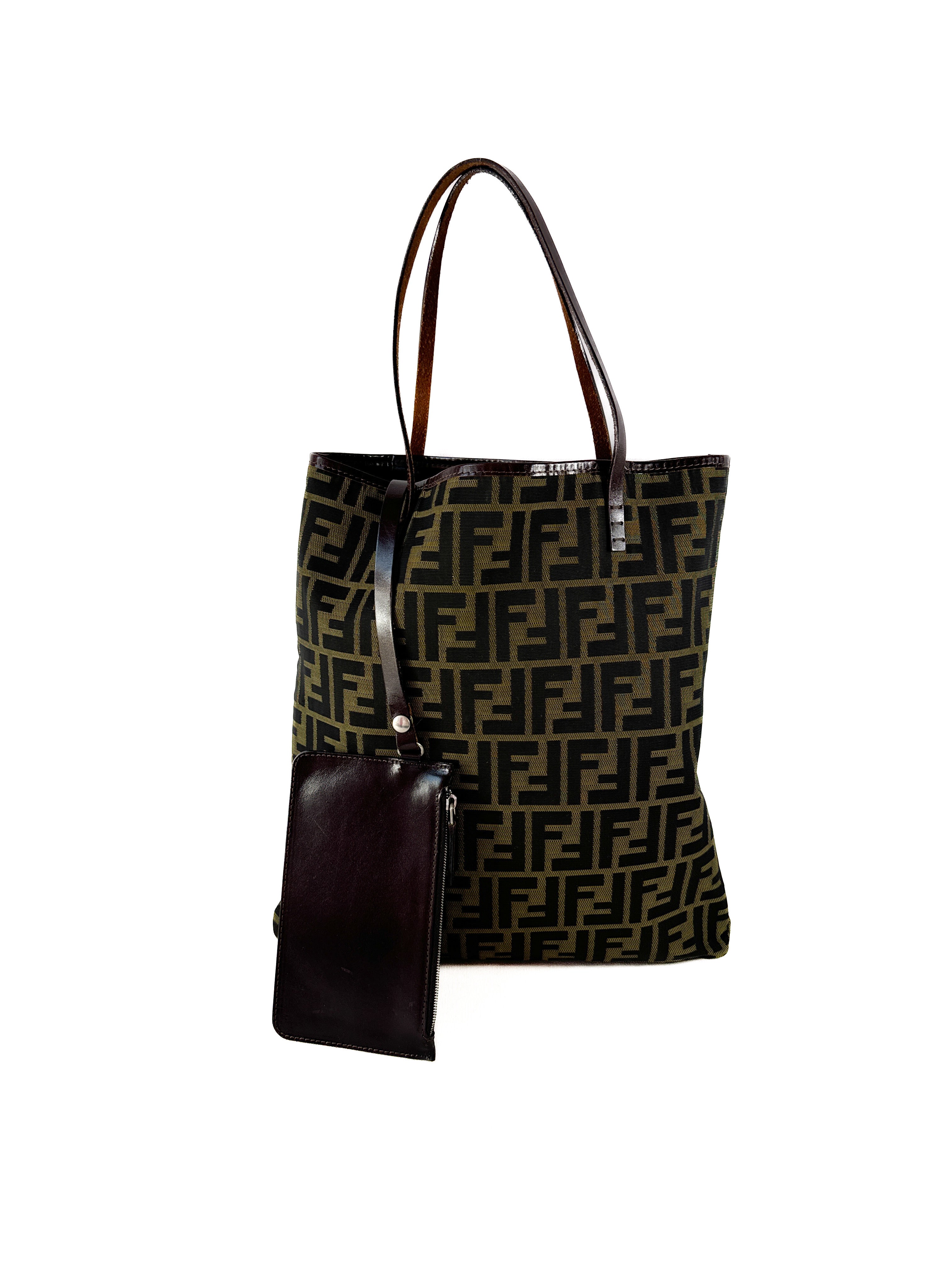 Fendi vintage olive black Zucca tote w/ leather pouch