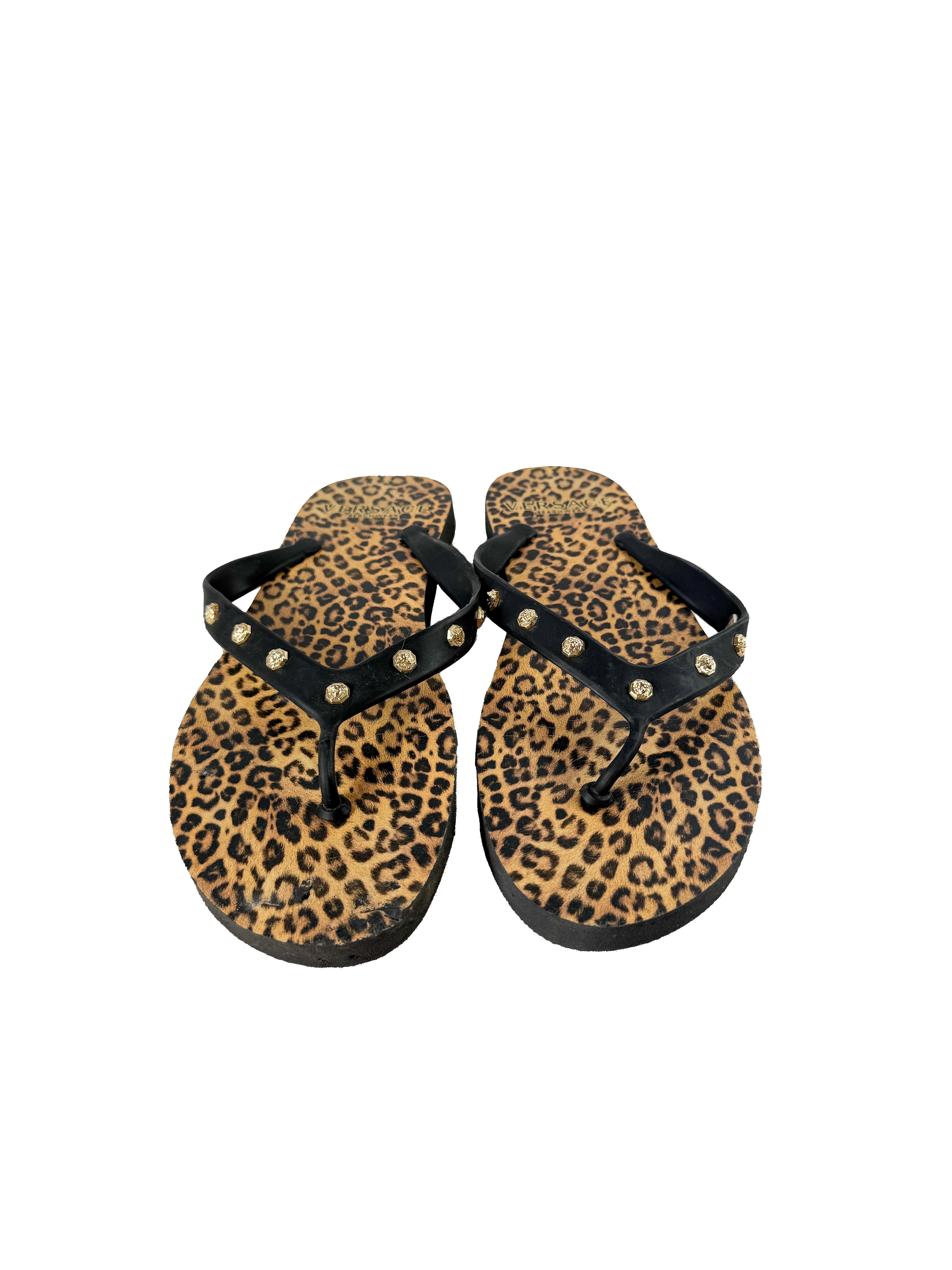 Versace Beach leopard print flip flops size 39 (9) **as is**