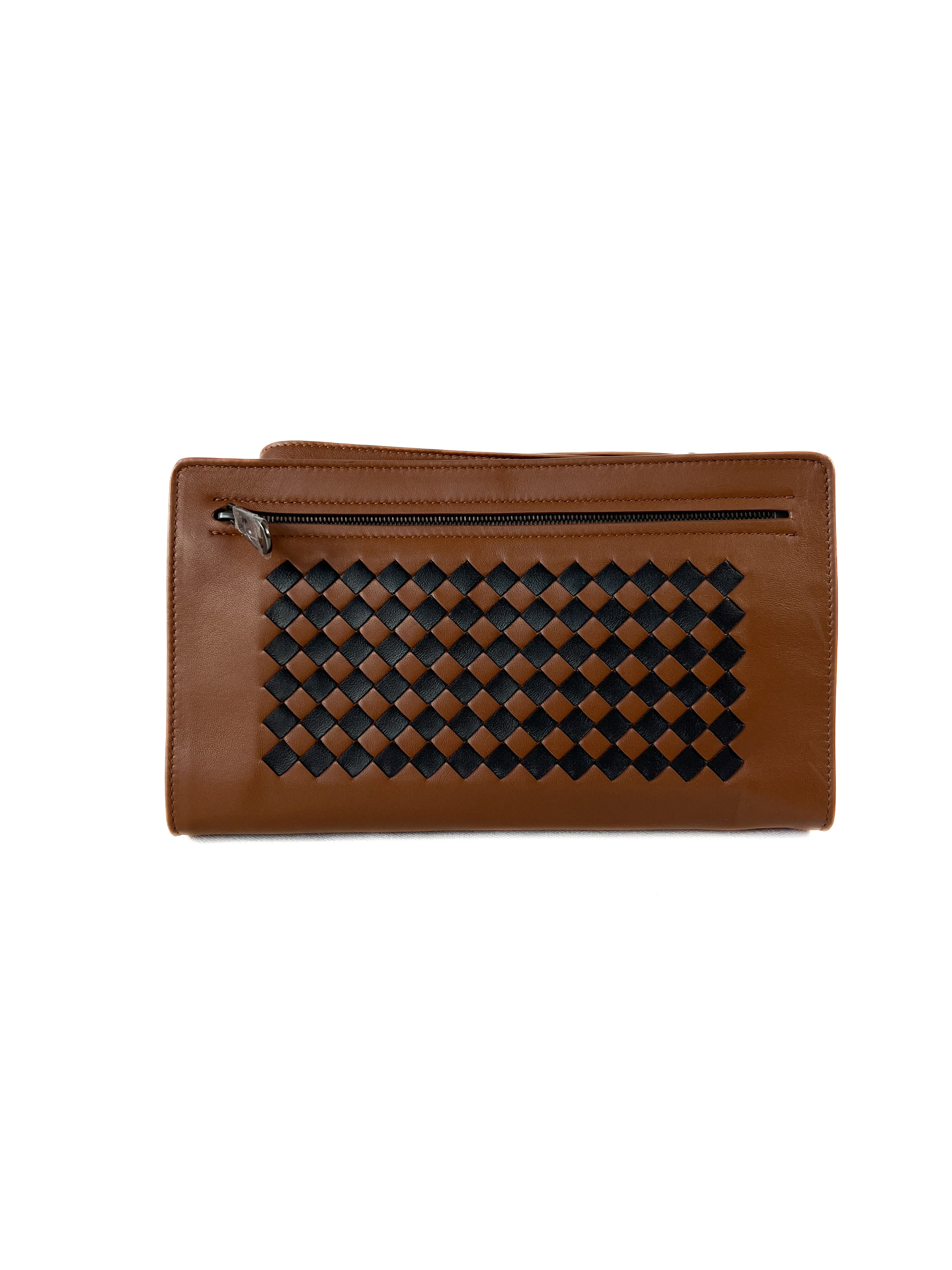 Bottega Veneta brown black leather woven wristlet/clutch NWT