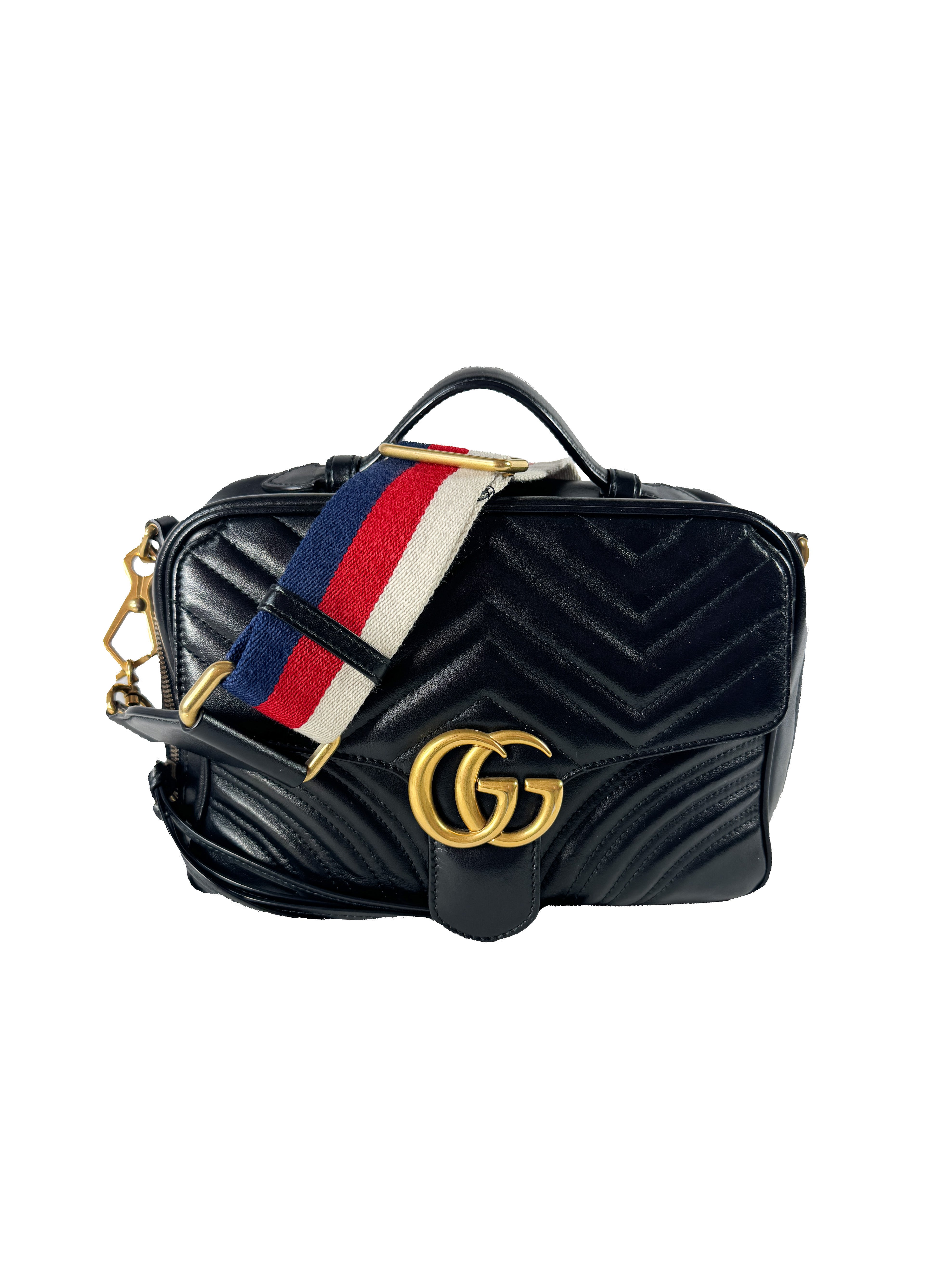 Gucci black calfksin Matelasse Sylvie web small GG Marmont top handle 498199 493075