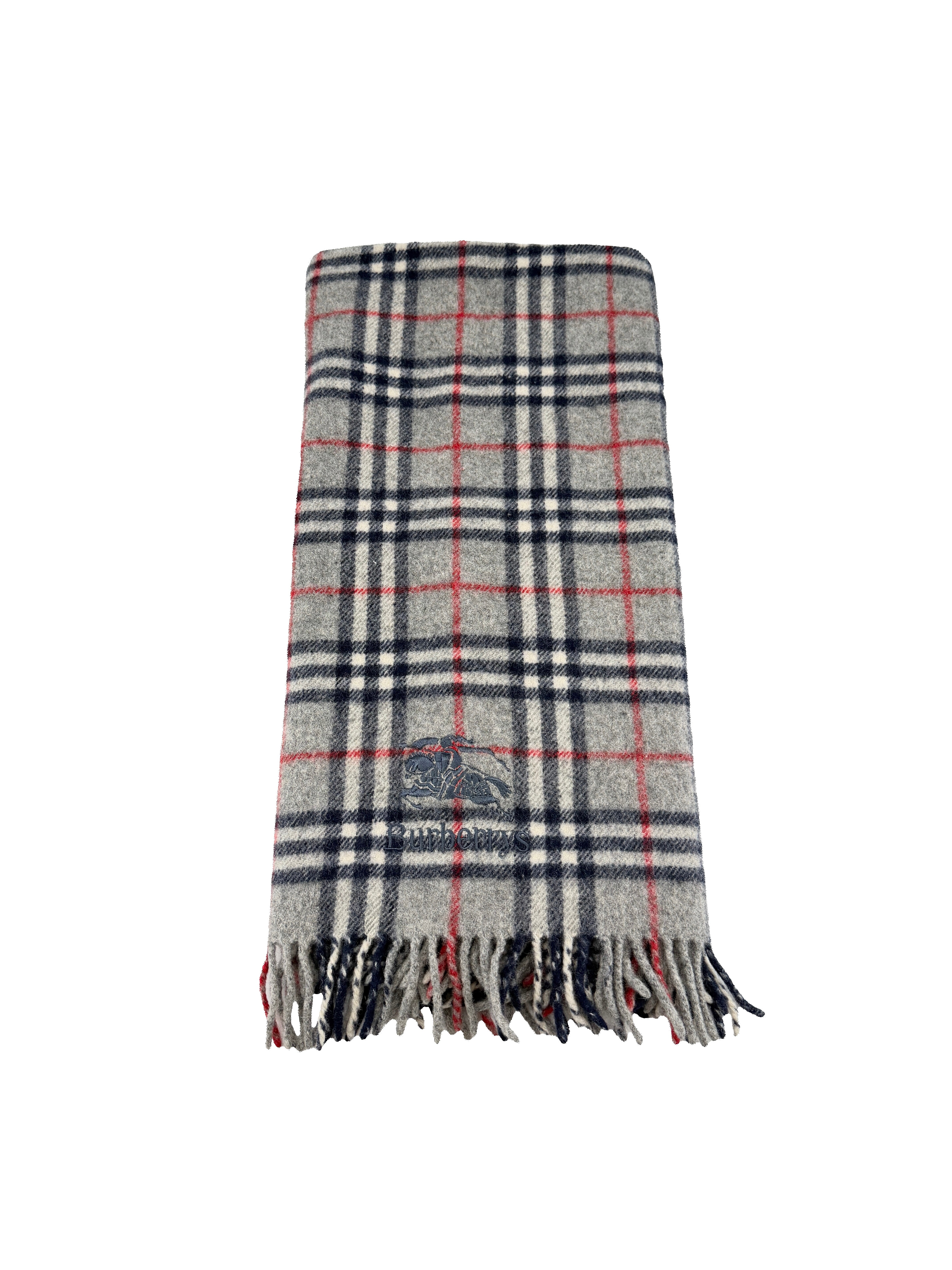 Burberry gray, red, navy plaid scarf