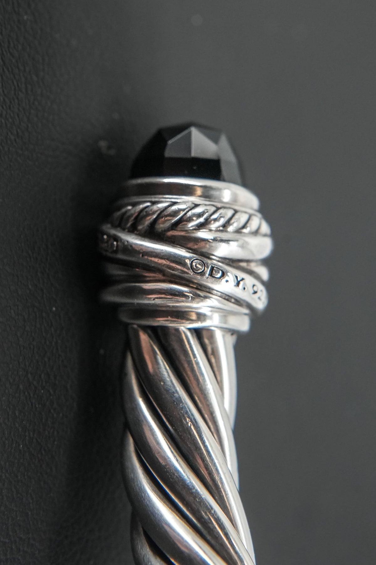 David Yurman sterling silver, diamonds, black onyx 9MM crossover cable hinged bracelet