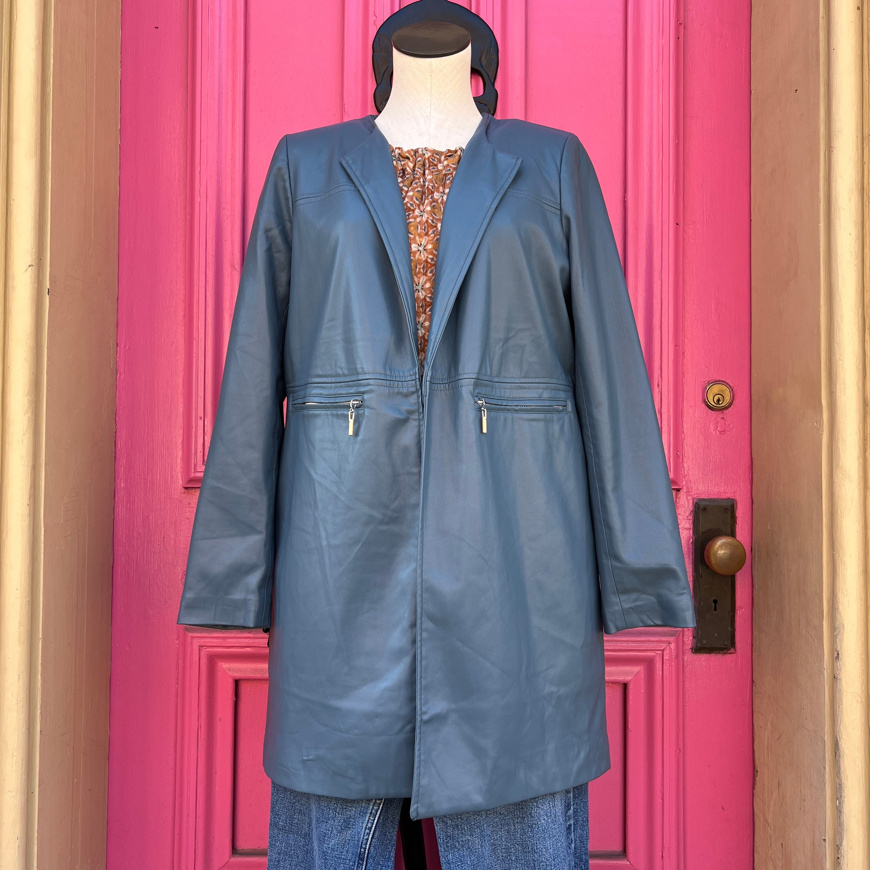 Chico’s blue faux leather open jacket size 12/14