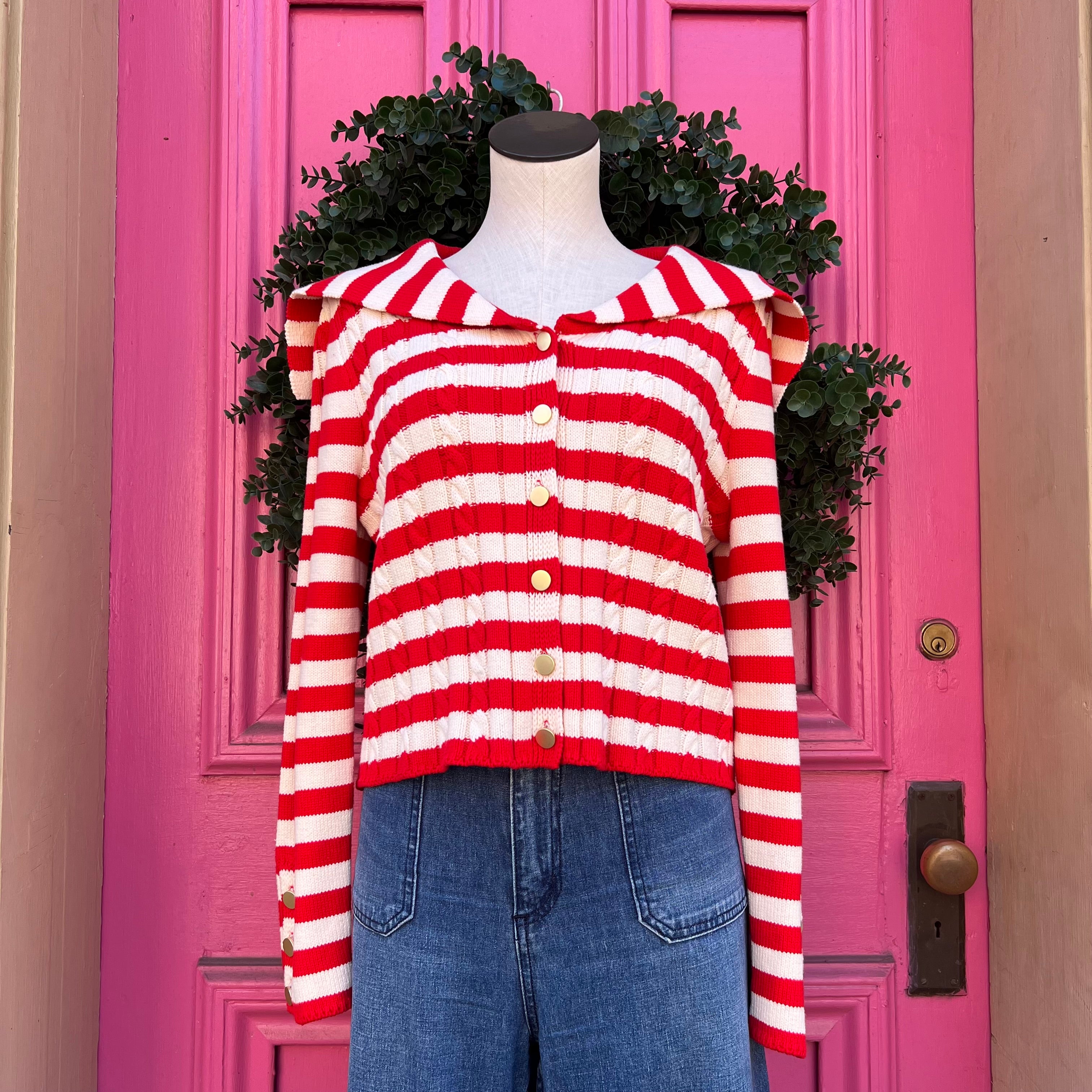 Marled red cream striped cardigan size M