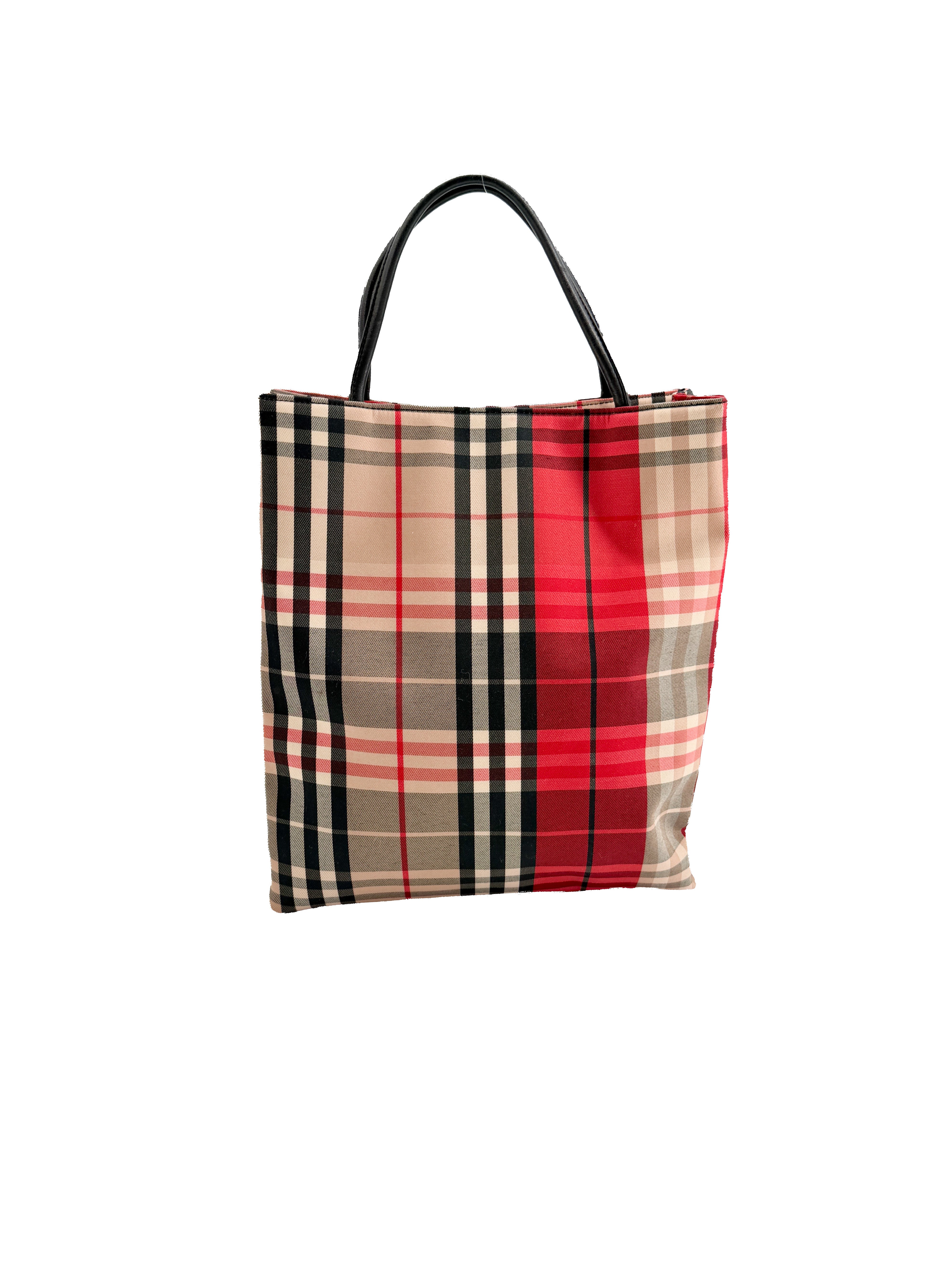 Burberry red, beige, black plaid canvas tote