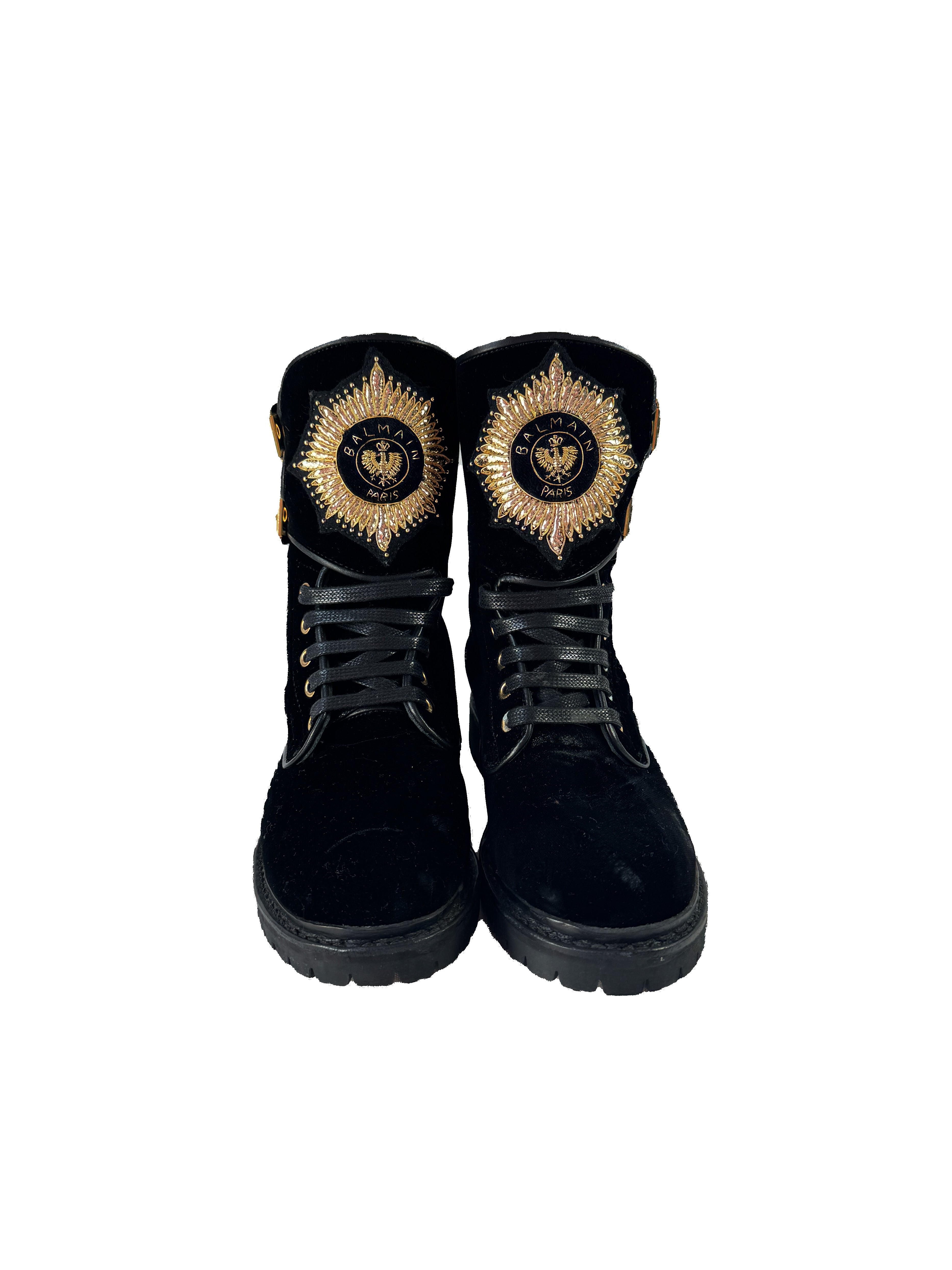 Balmain black velvet embellished combat boots size 38