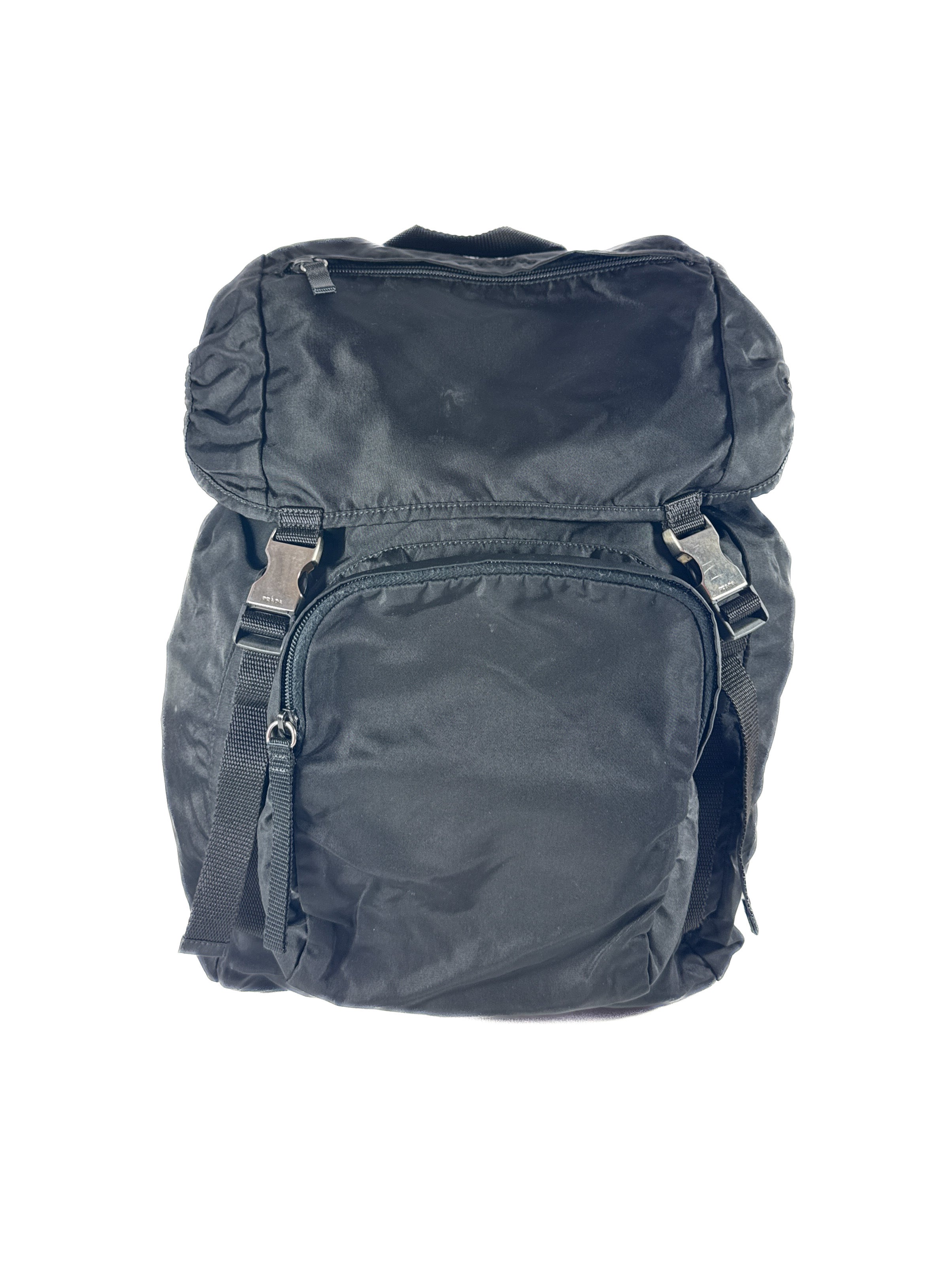 Prada Tessuto black double buckle backpack large