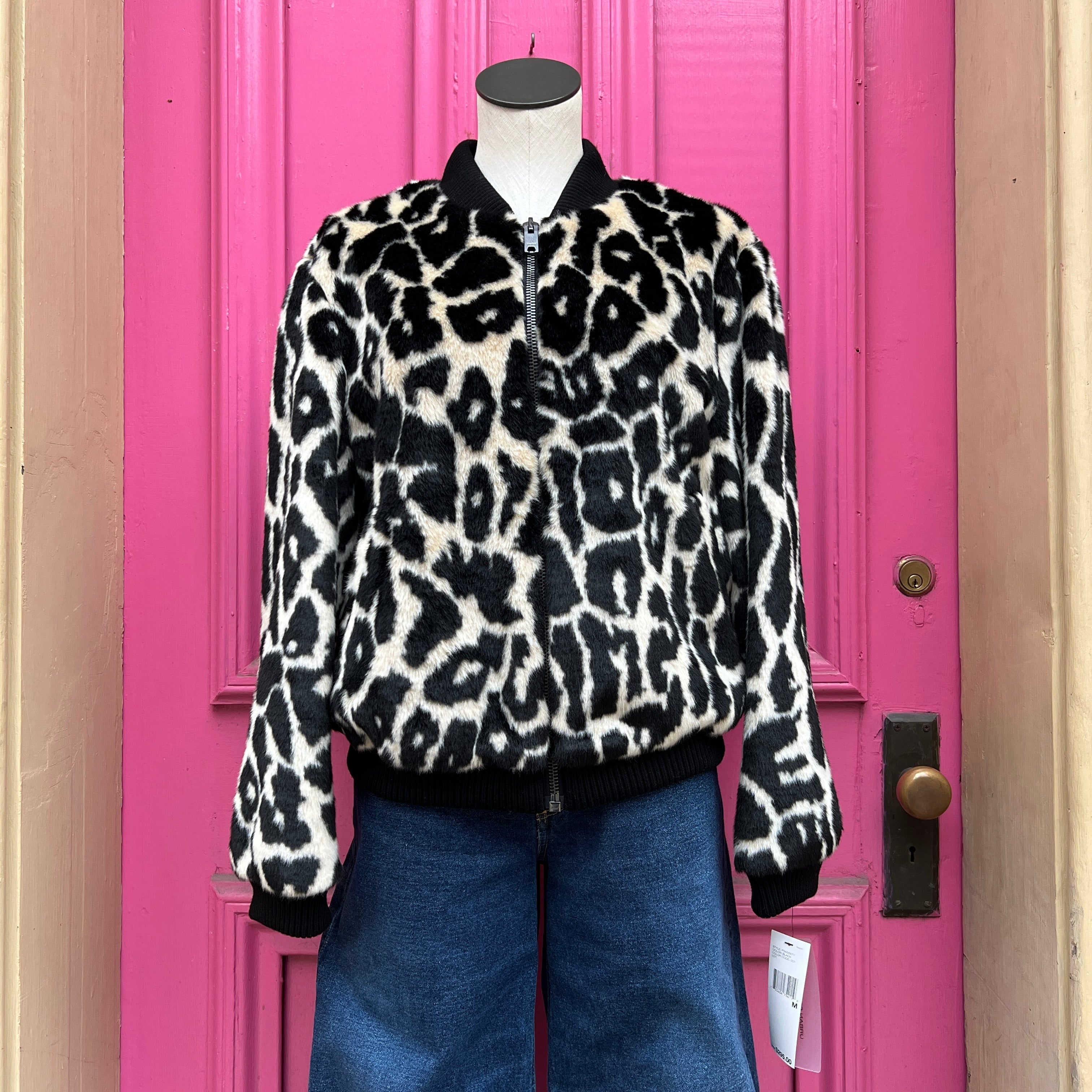 DKNY leopard print faux fur bomber jacket size M NWT
