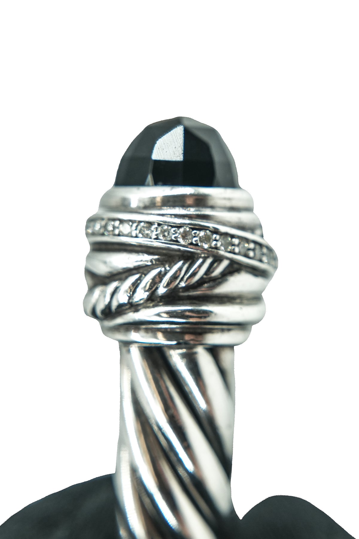 David Yurman sterling silver, diamonds, black onyx 9MM crossover cable hinged bracelet