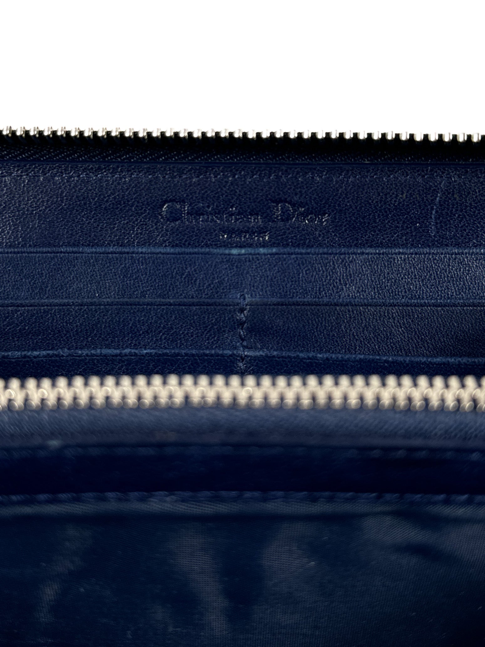 Christian Dior navy patent leather Cannage Lady Dior zip around wallet