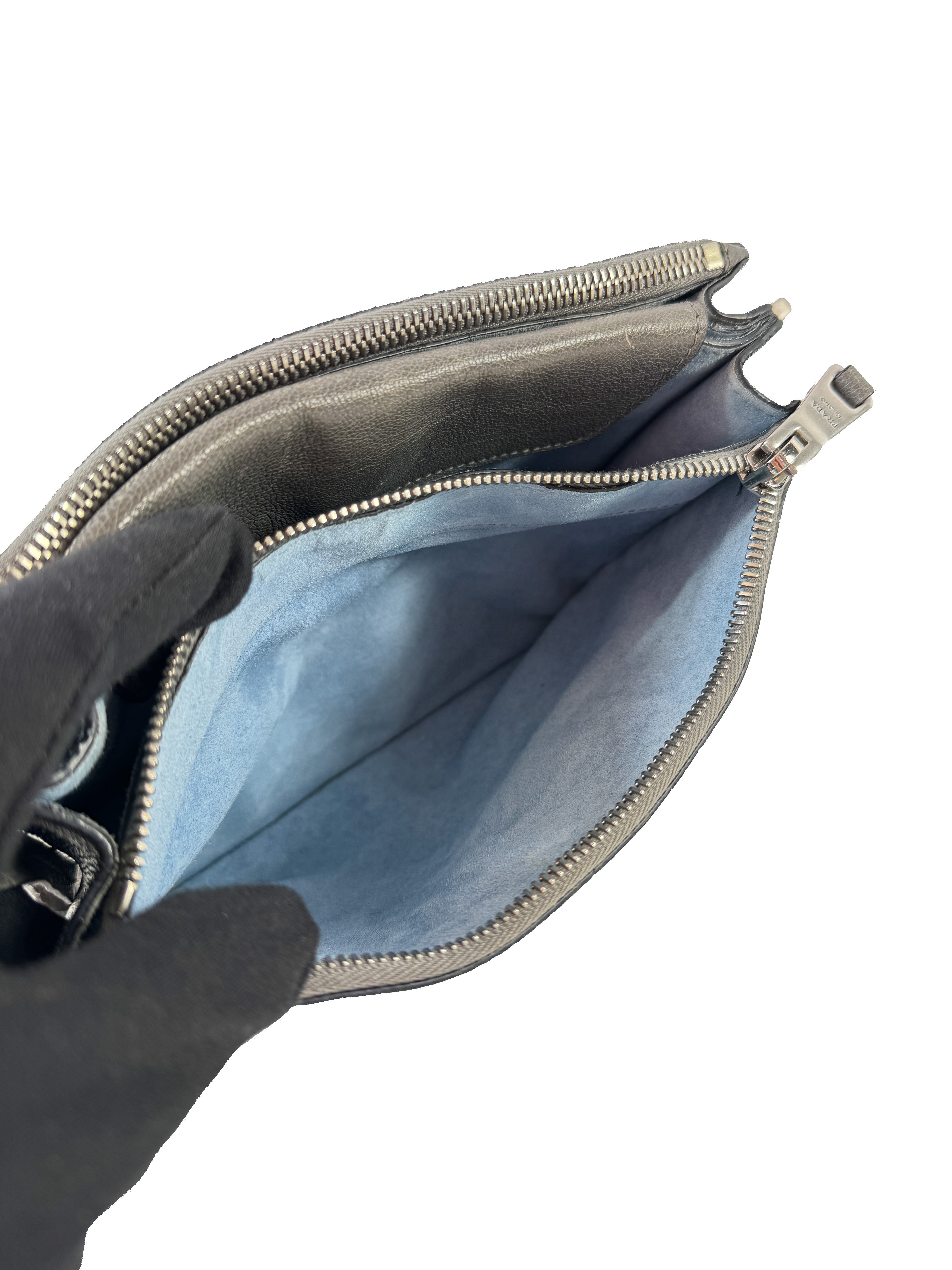 Prada gray leather studded Etiquette crossbody bag