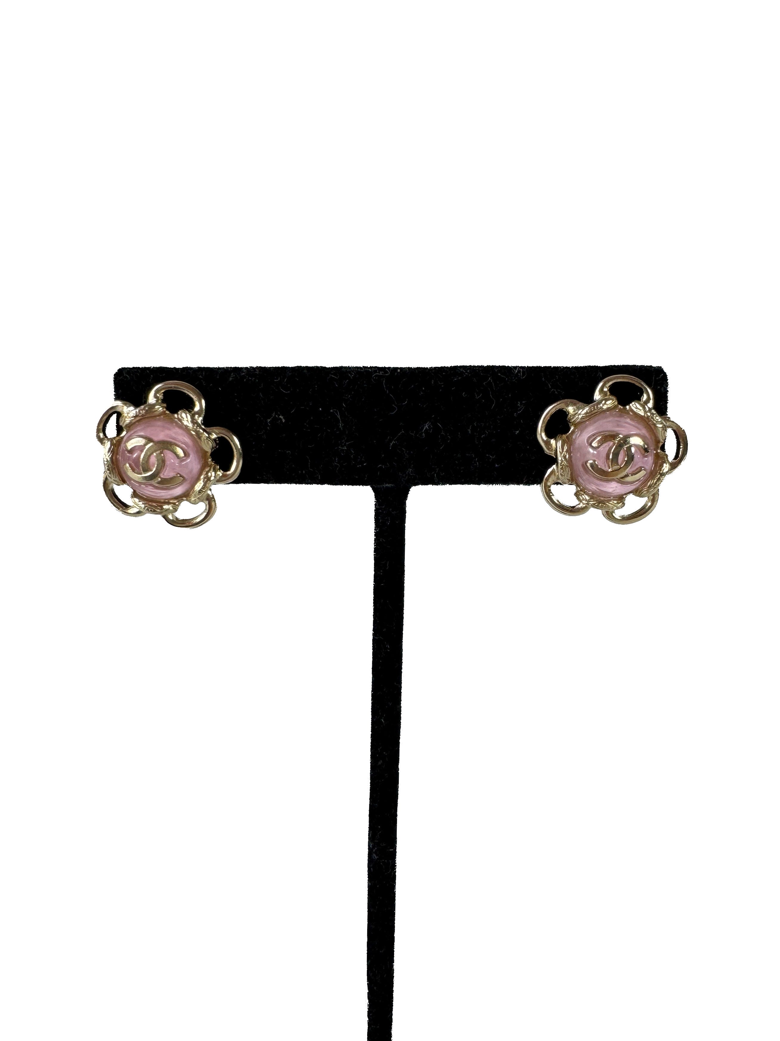 Chanel pink/gold CC enamel flower stud earrings F24B