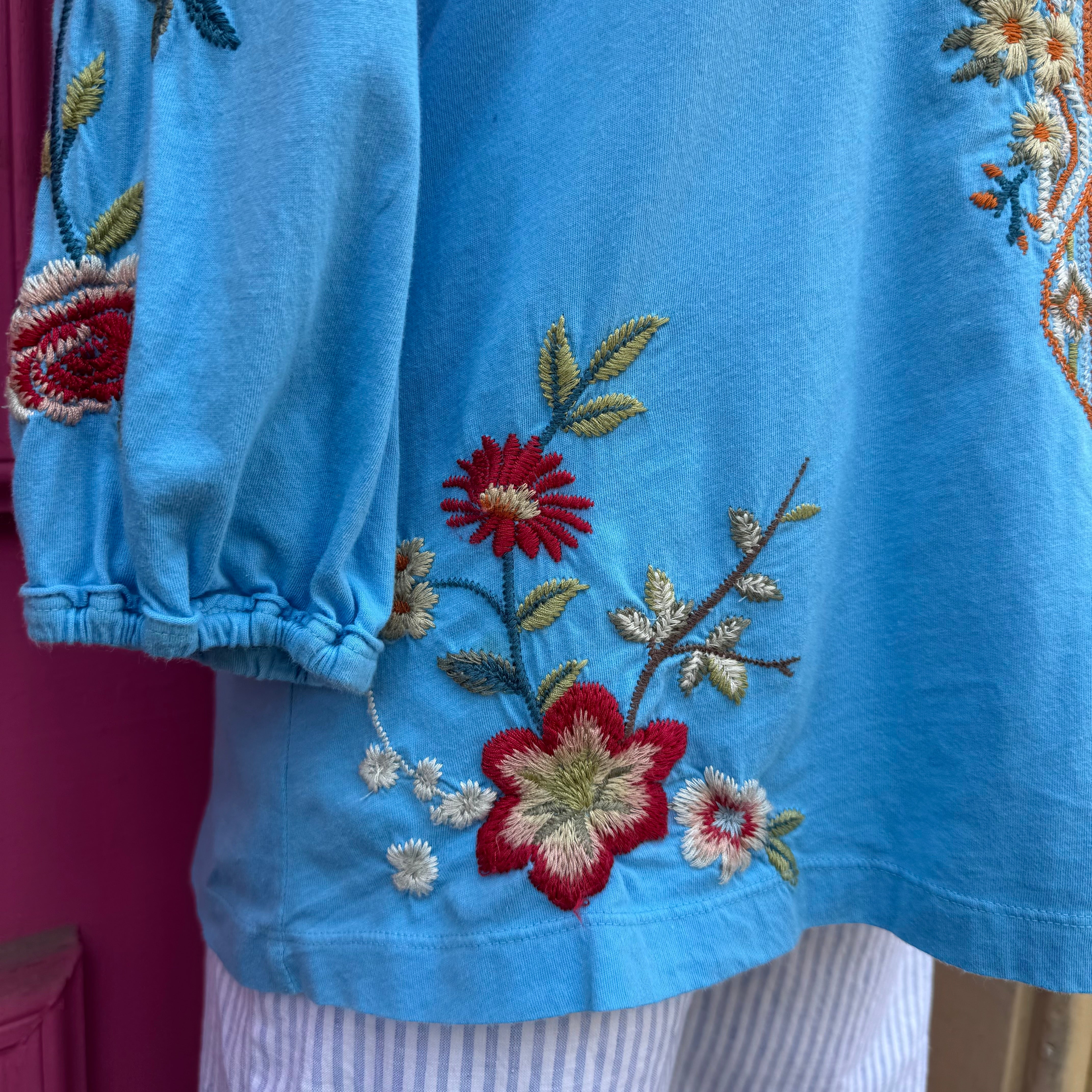 Johnny Was blue embroidered top size XS