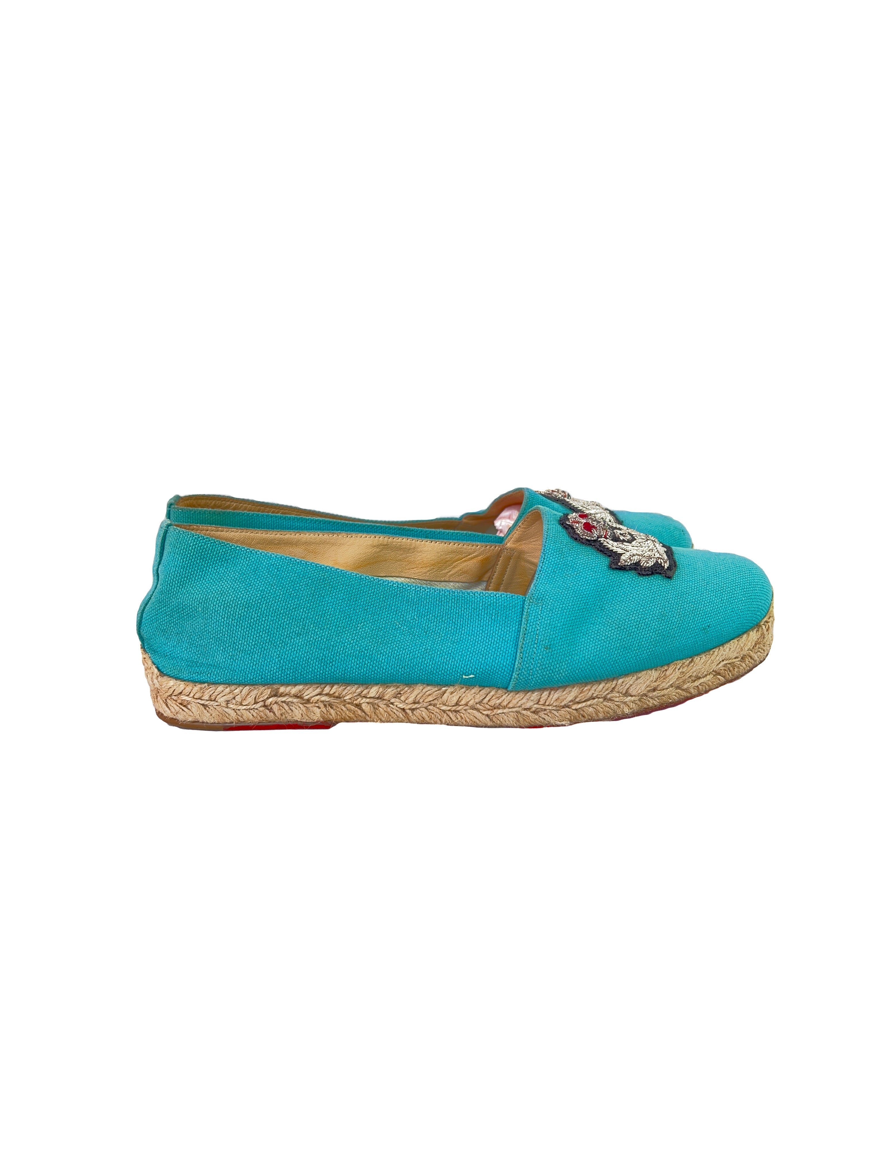 Christian Louboutin turquoise crest espadrille flats size 38