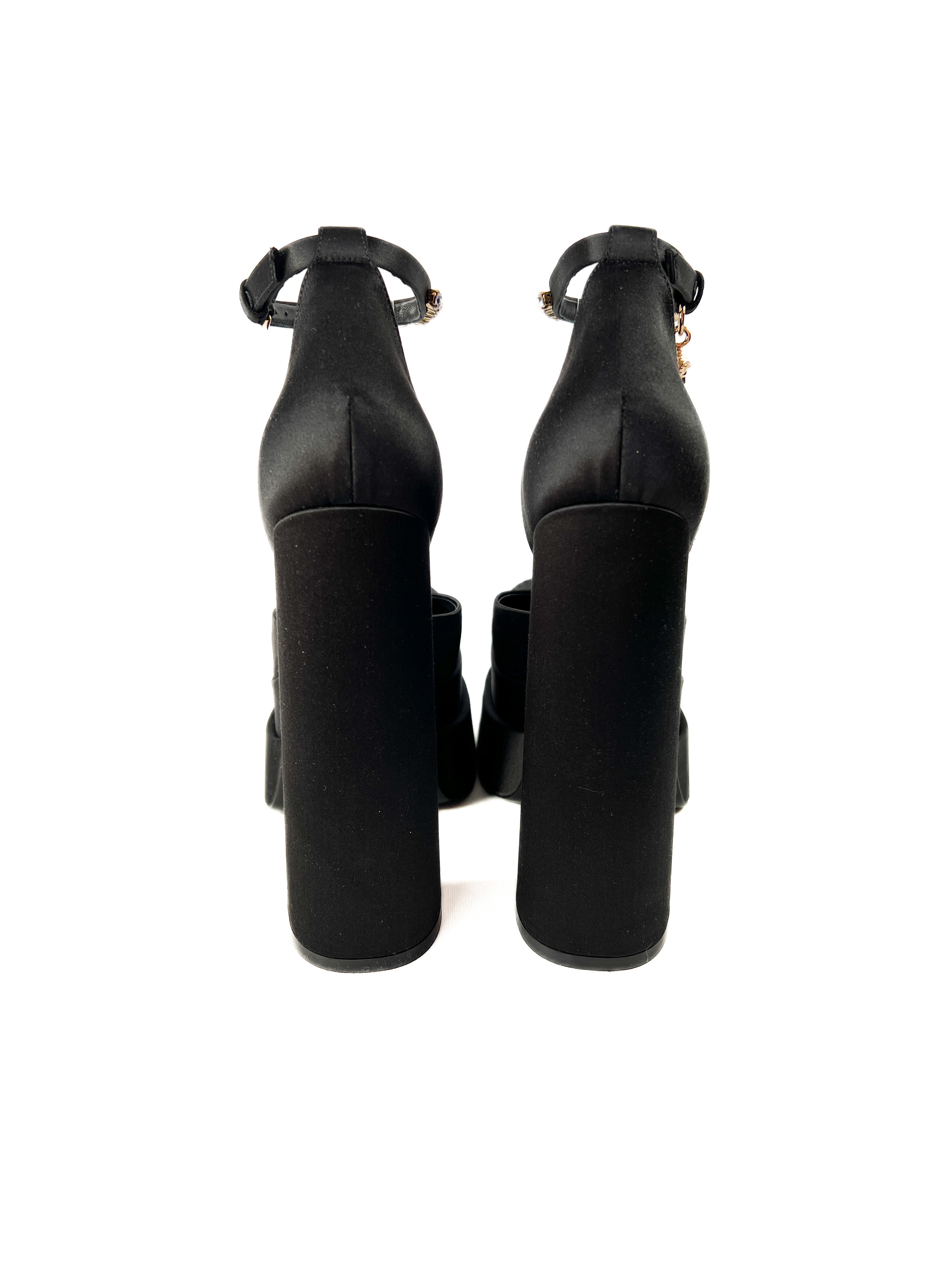 Versace Medusa Aevitas black embellished satin platform pumps size 38 NEW BOX