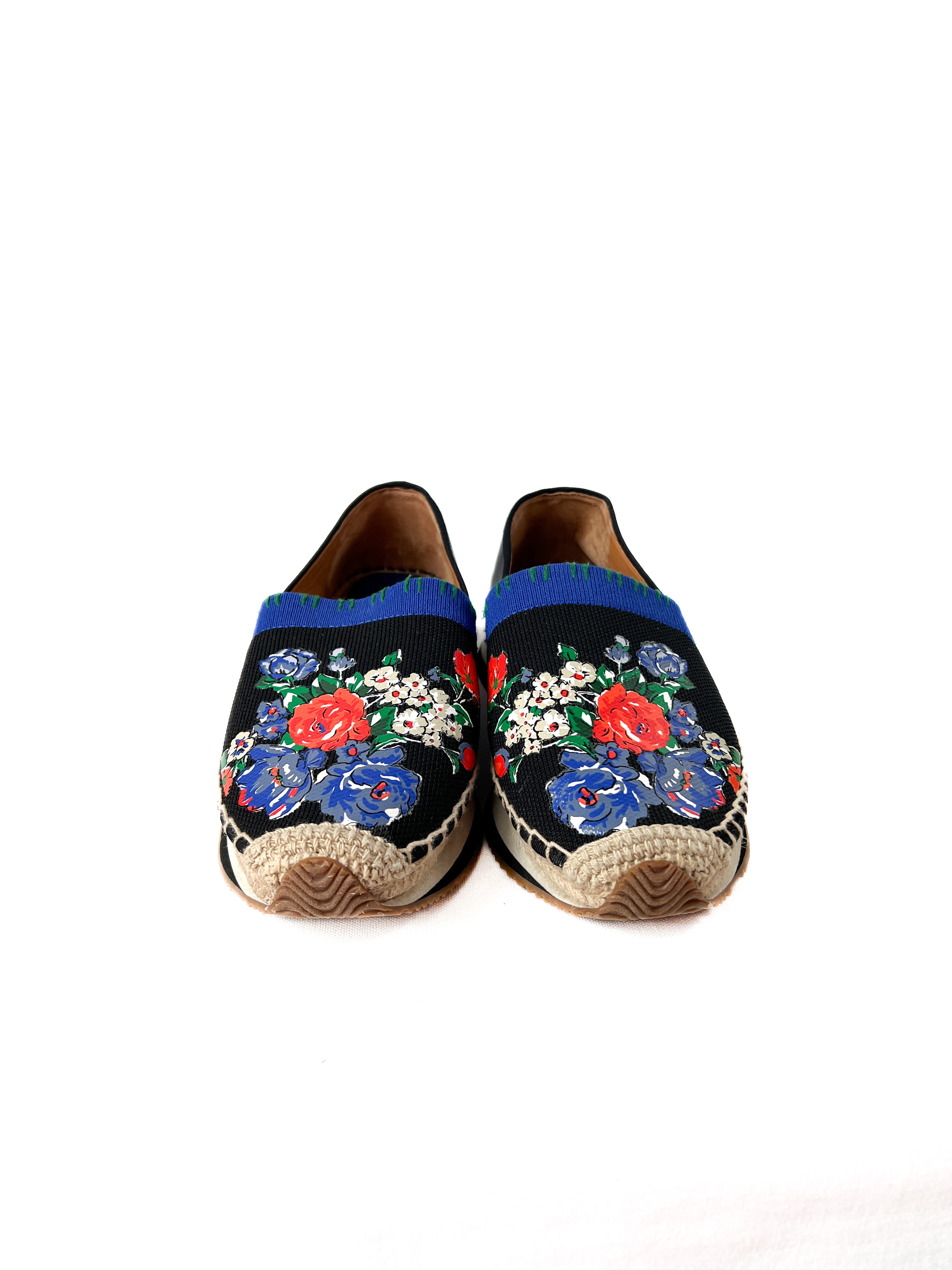 Tory Burch black floral espadrille slip ons size 7.5