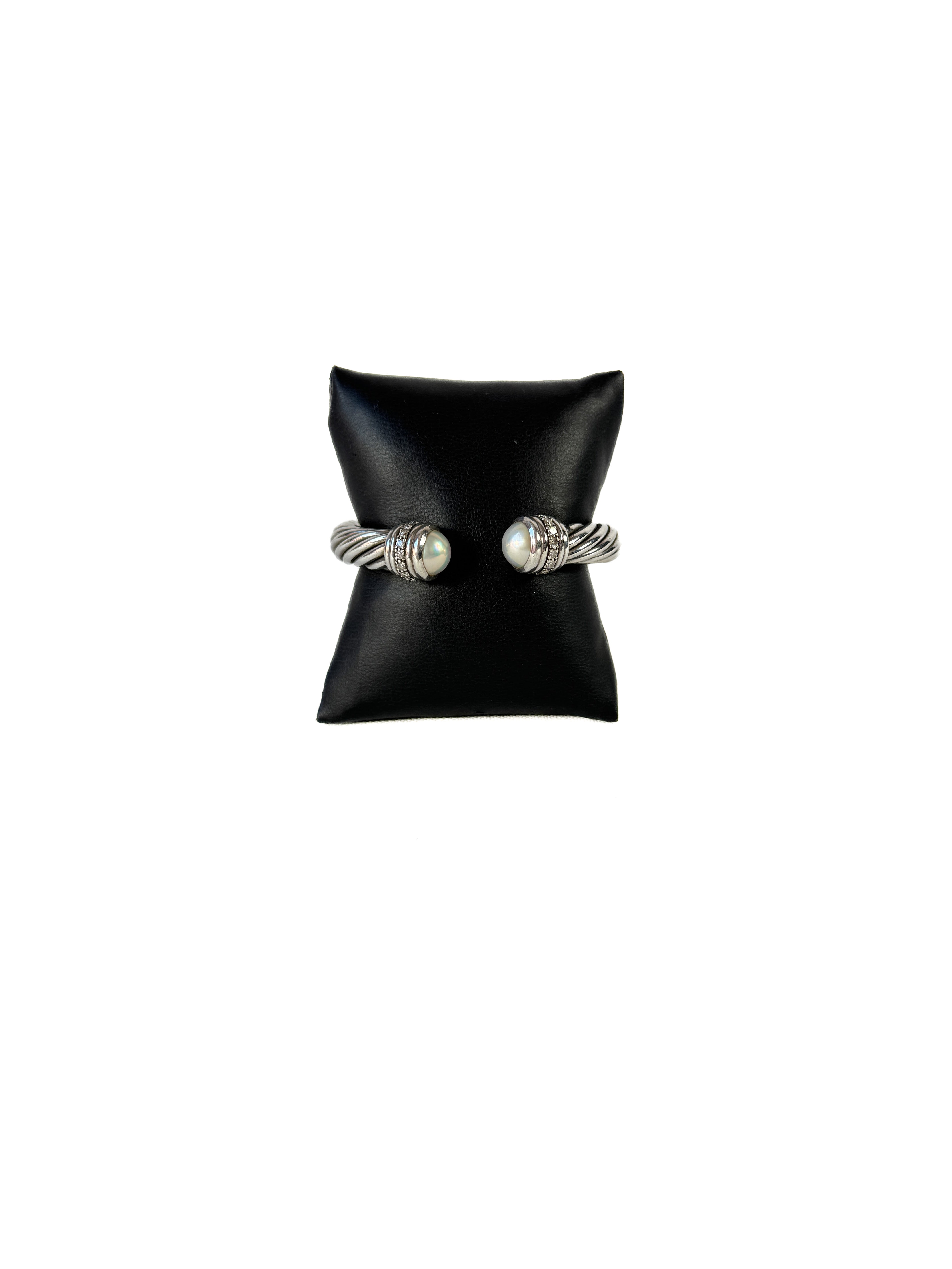 David Yurman sterling silver, diamond, pearl 10MM hinged cable bracelet