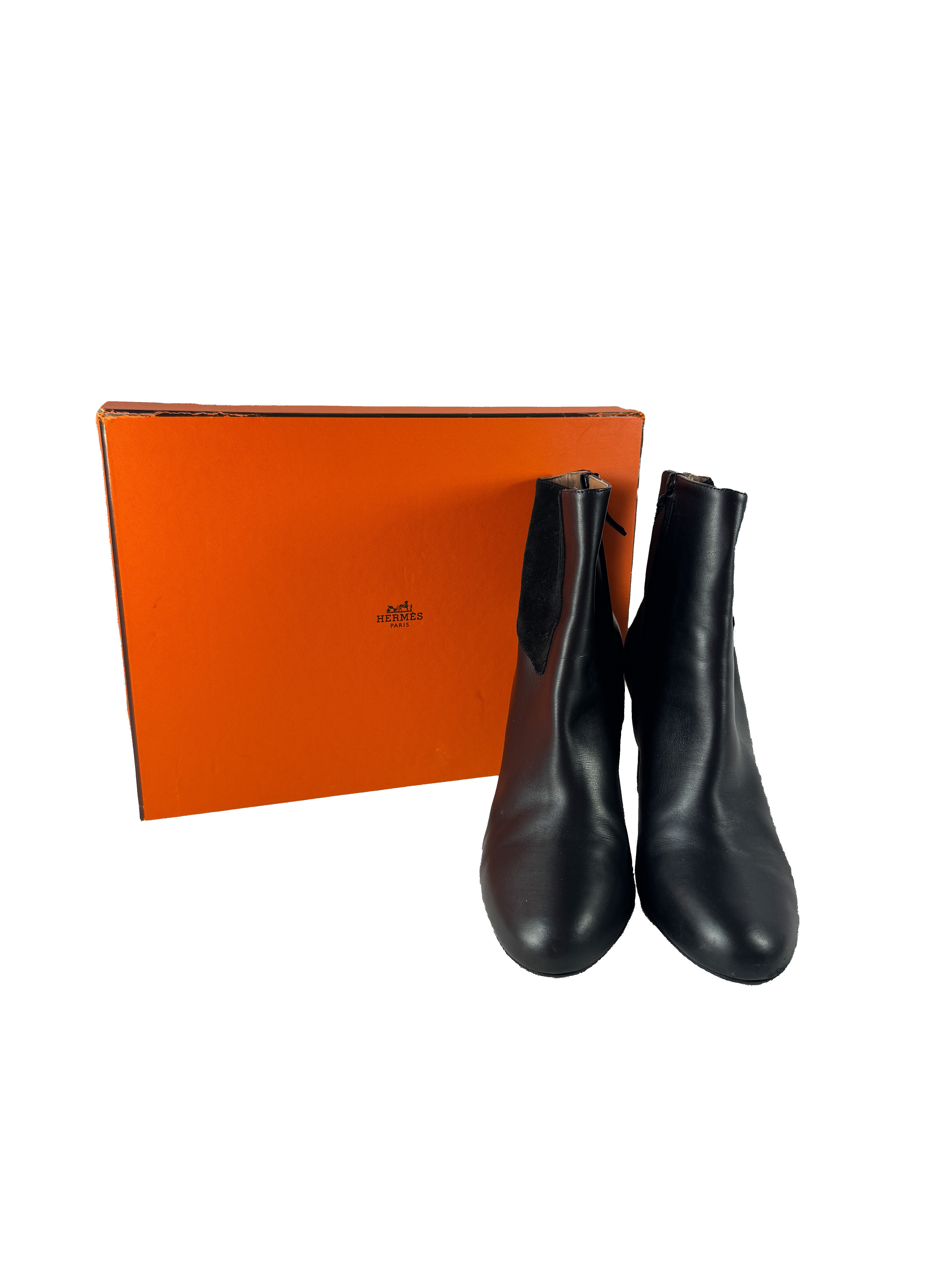 Hermès black leather suede heeled boots size 39 BOX