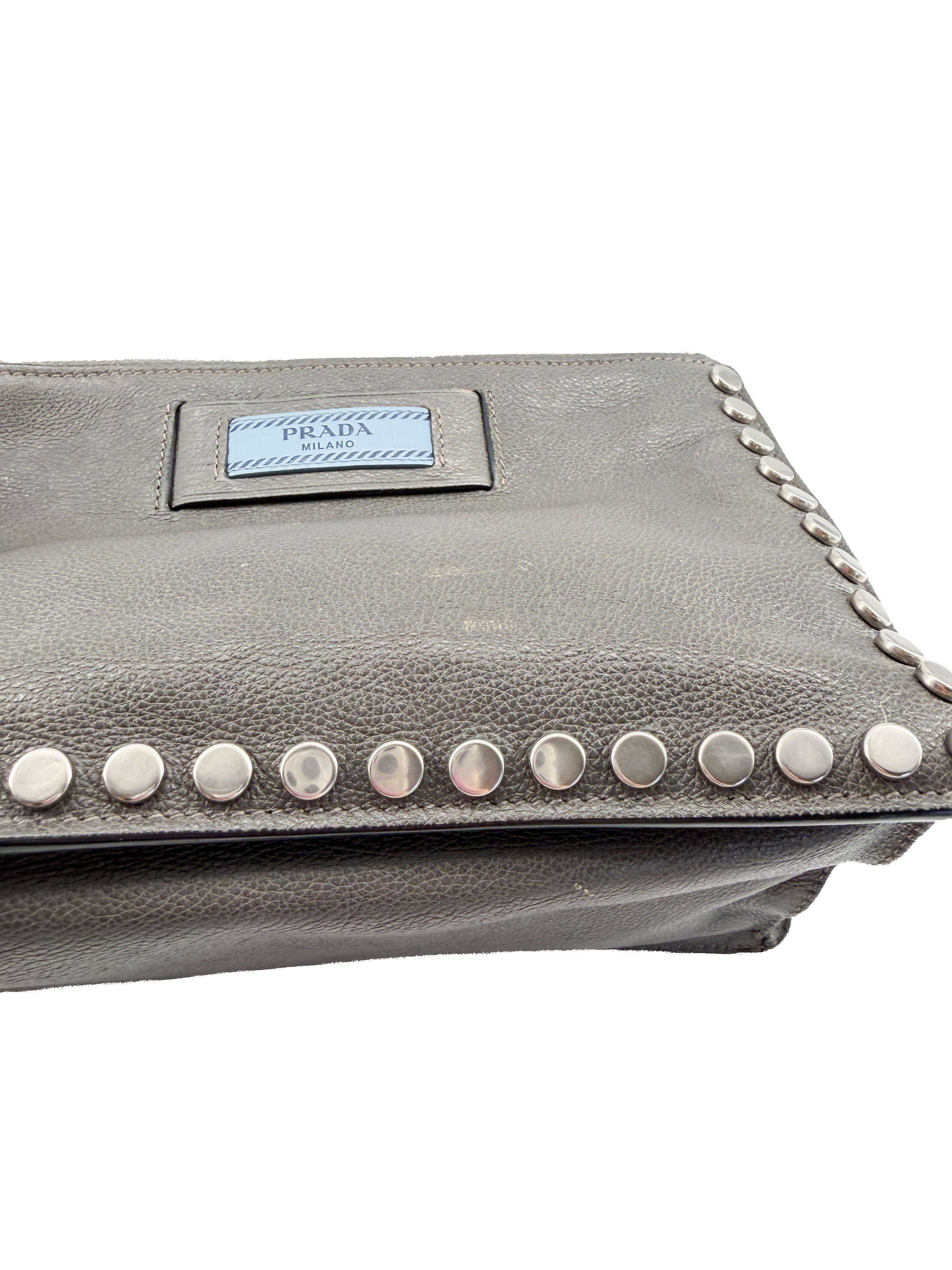 Prada gray leather studded Etiquette crossbody bag