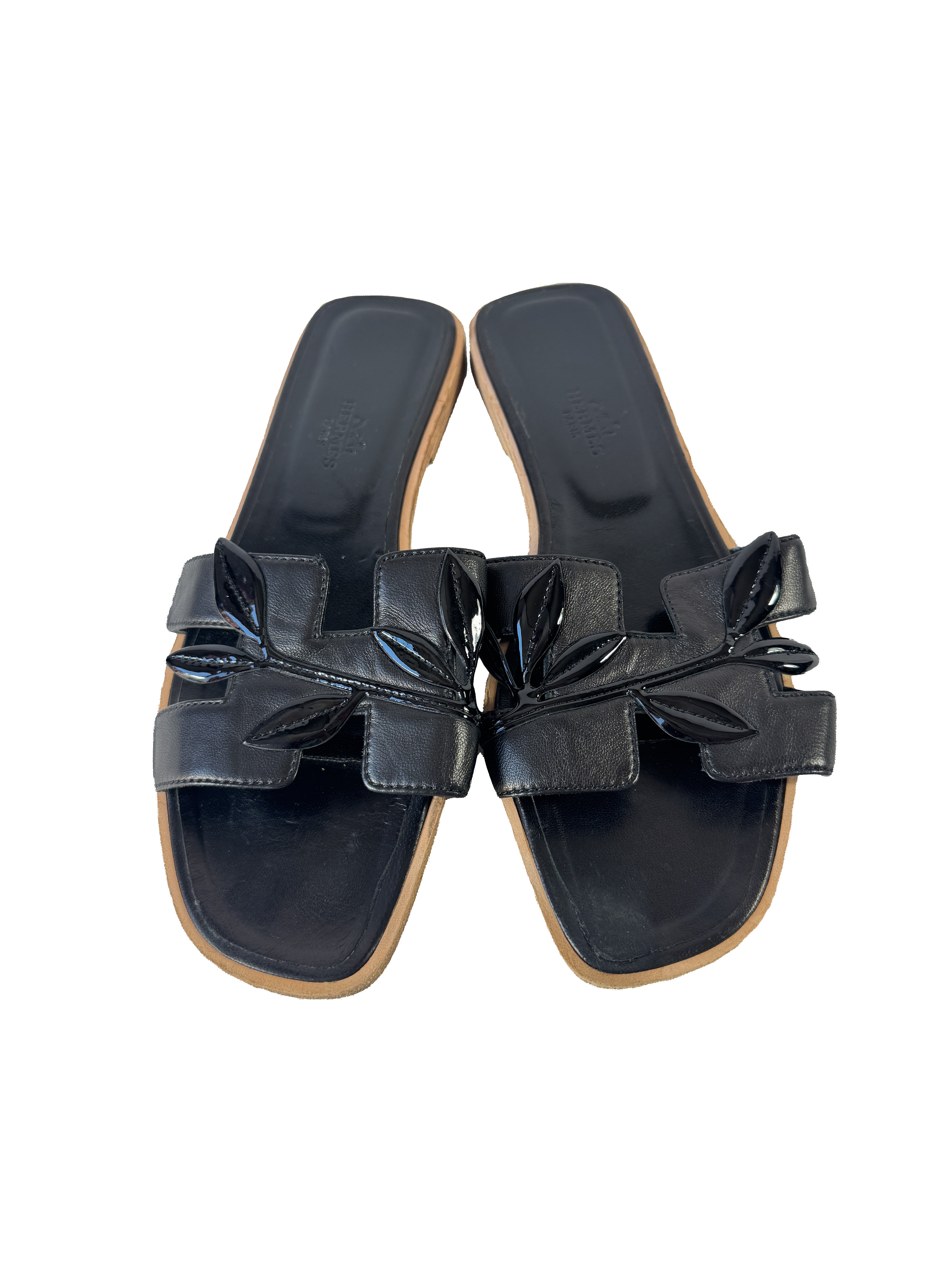 Hermès black leather Laurel Oran sandals size 38