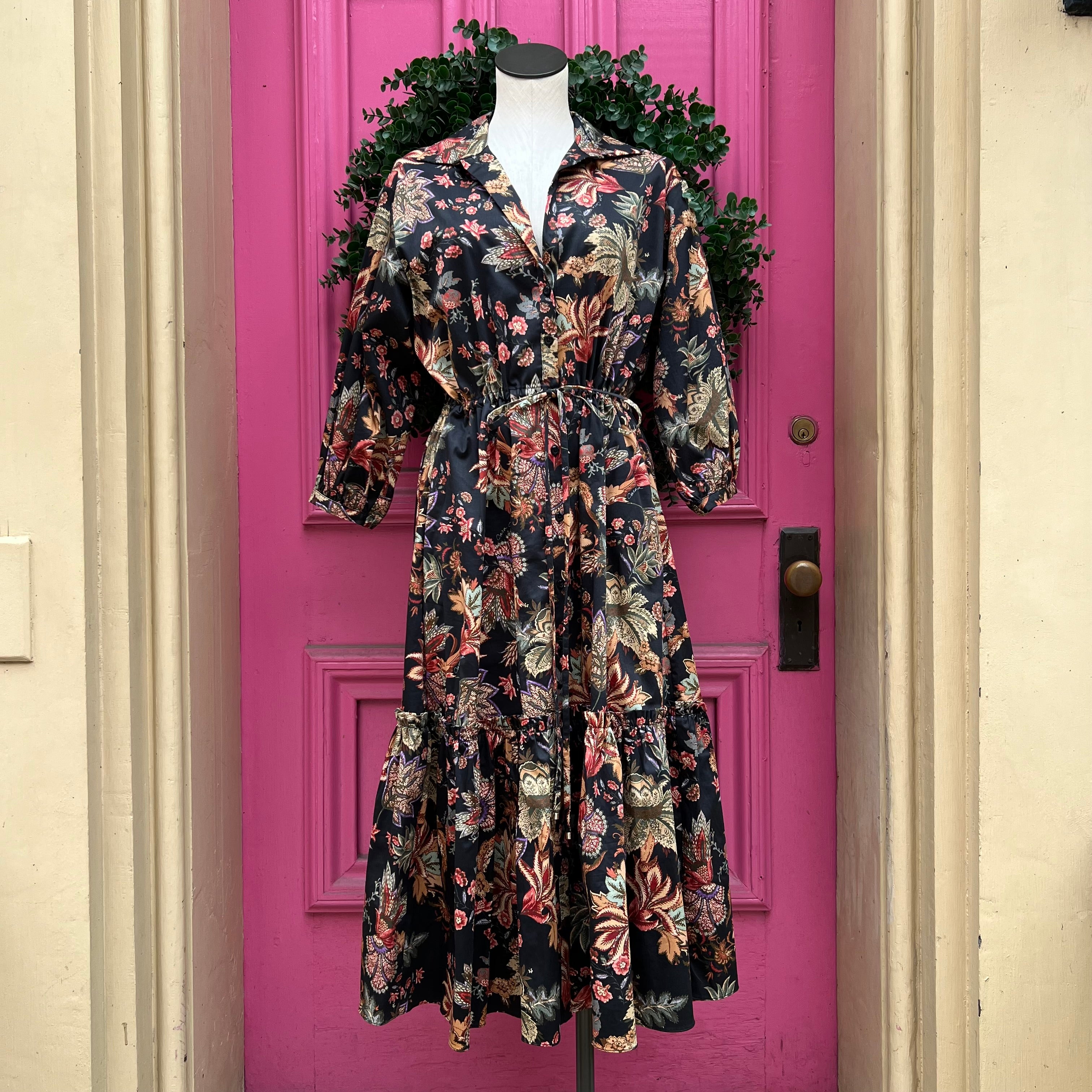 Cara Cara black floral button up dress size M