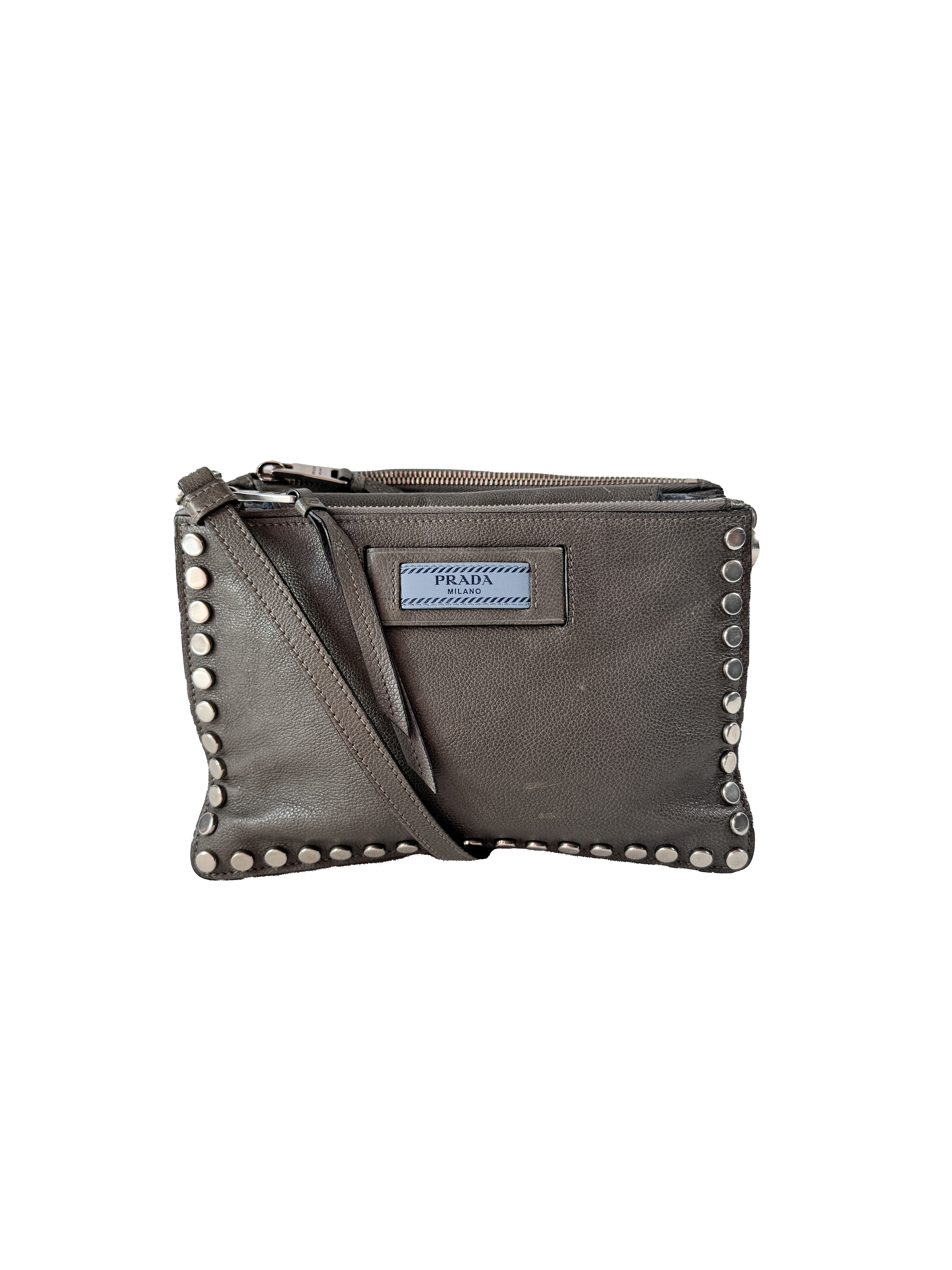 Prada gray leather studded Etiquette crossbody bag