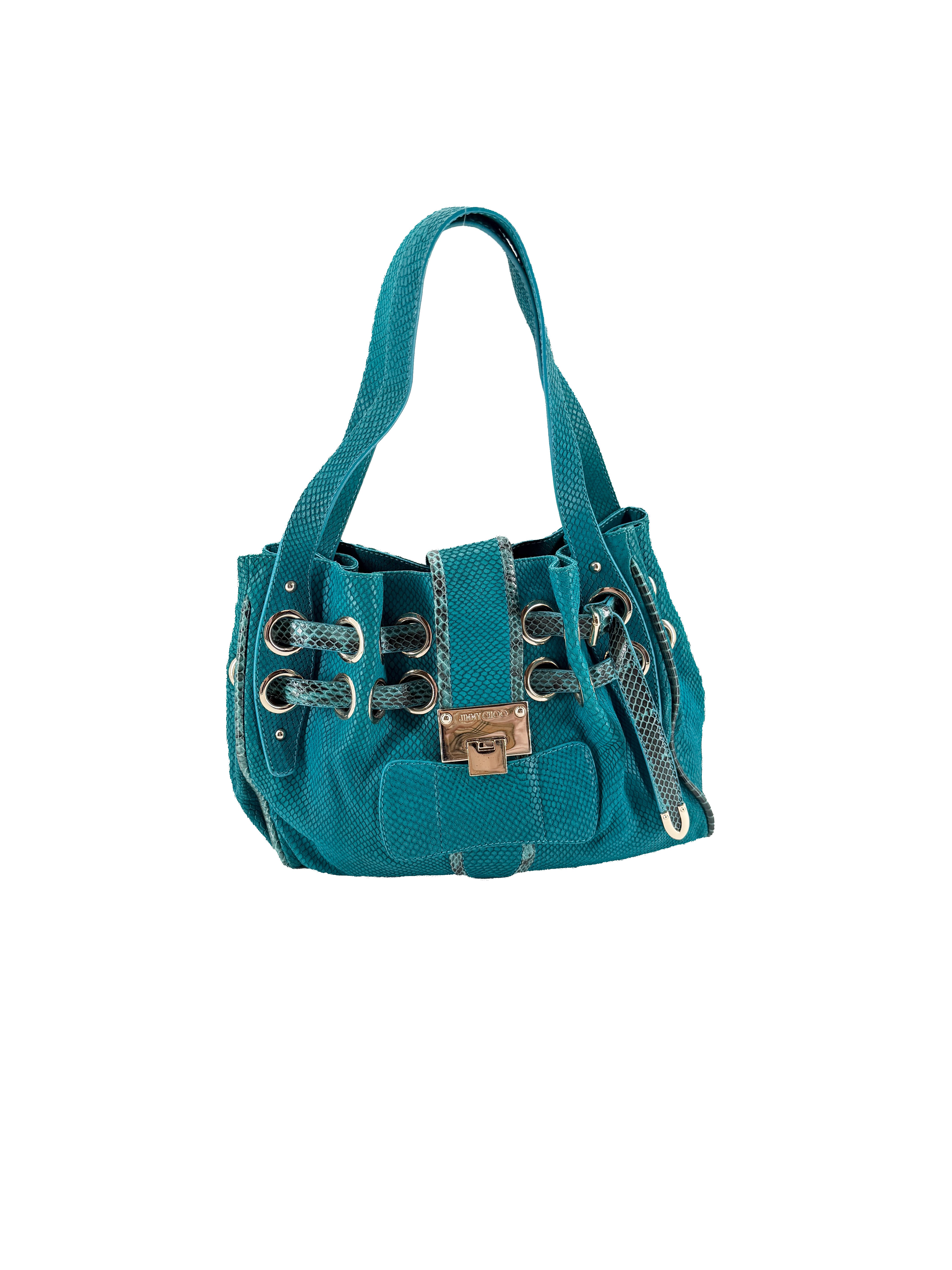 Jimmy Choo teal snake embossed leather Riki bag