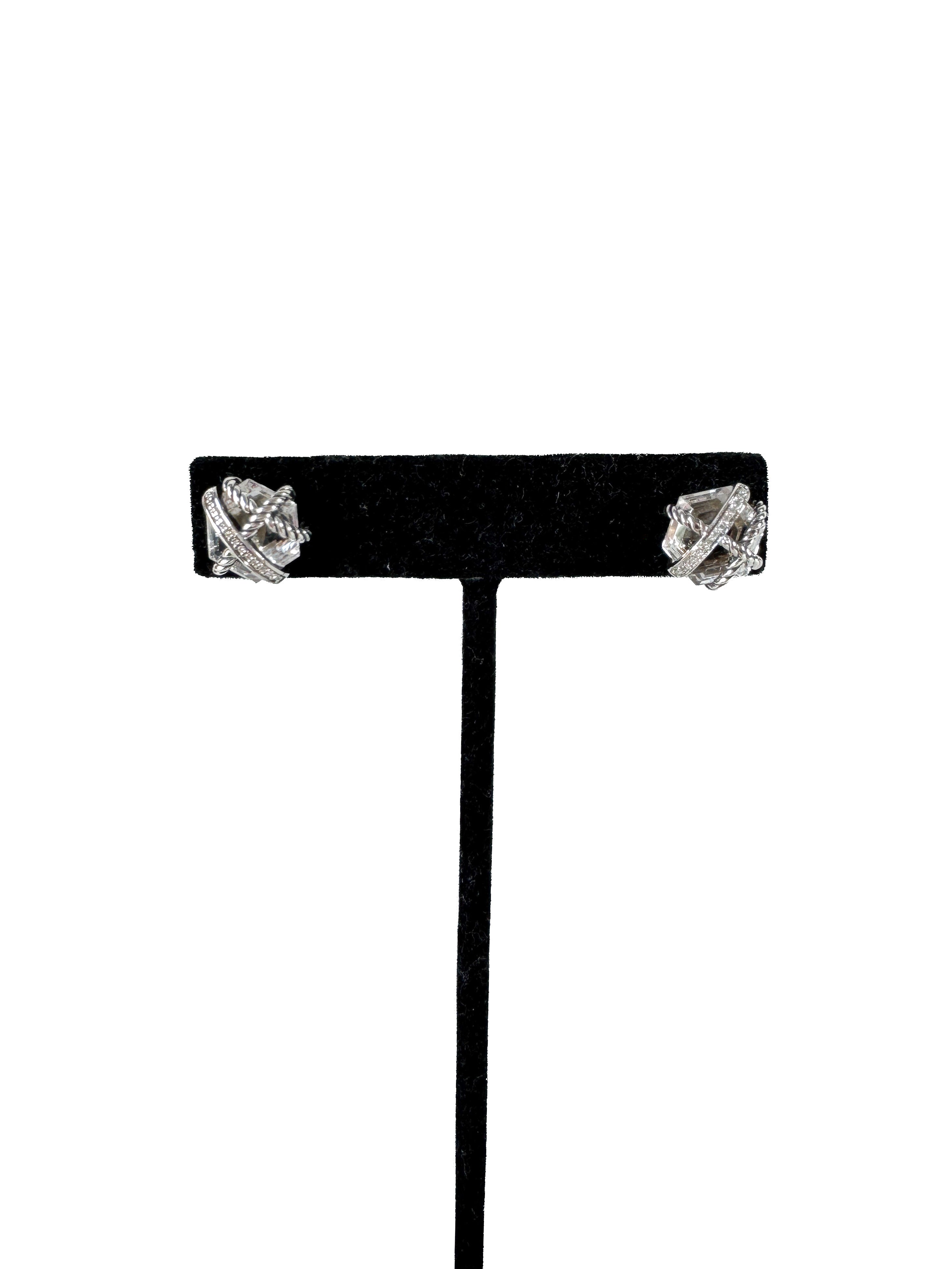David Yurman sterling silver, crystal, & diamond 11mm cable wrap stud earrings