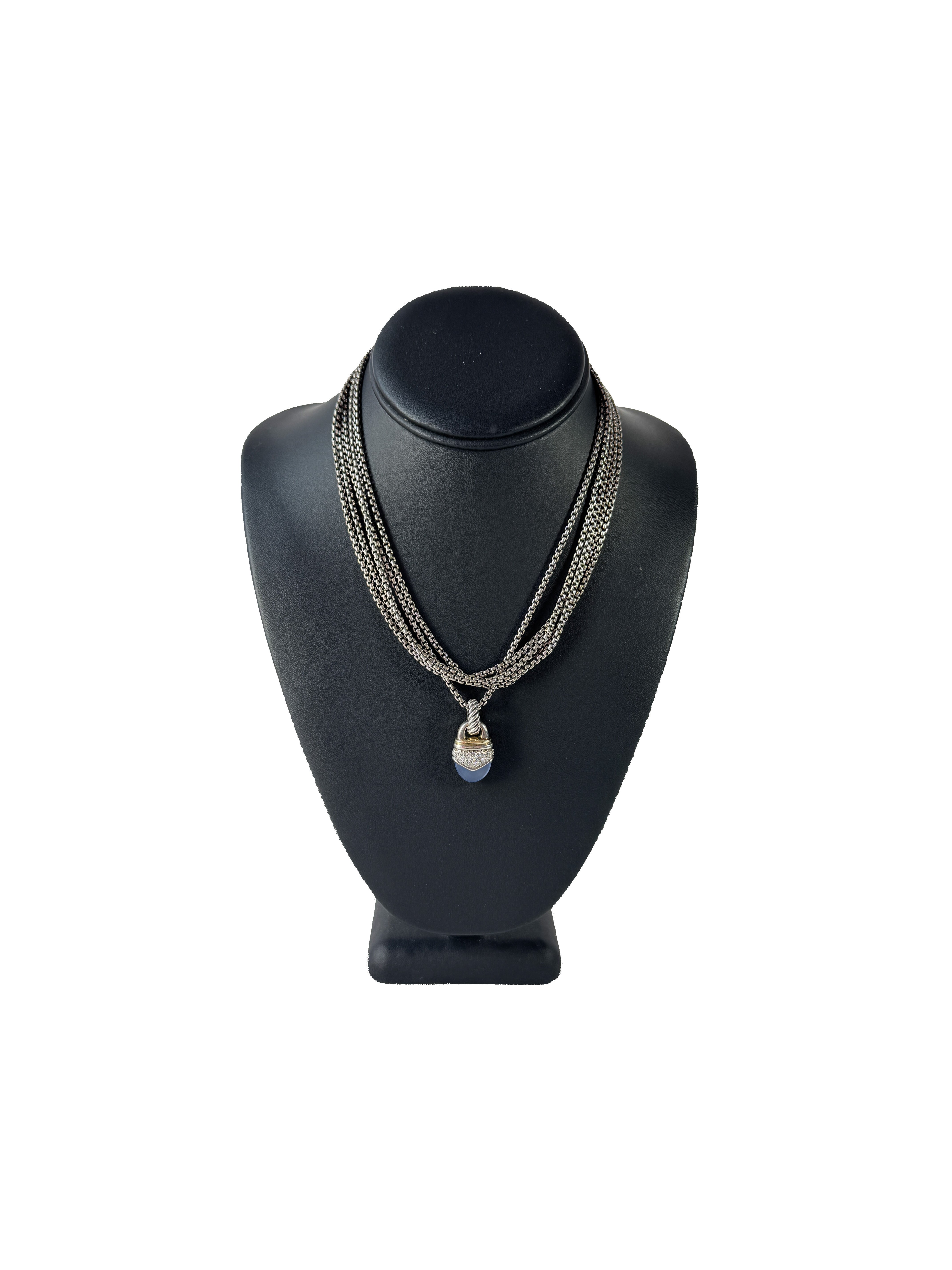 David Yurman sterling silver, 14K gold, Chalcedony & diamond pendant necklace
