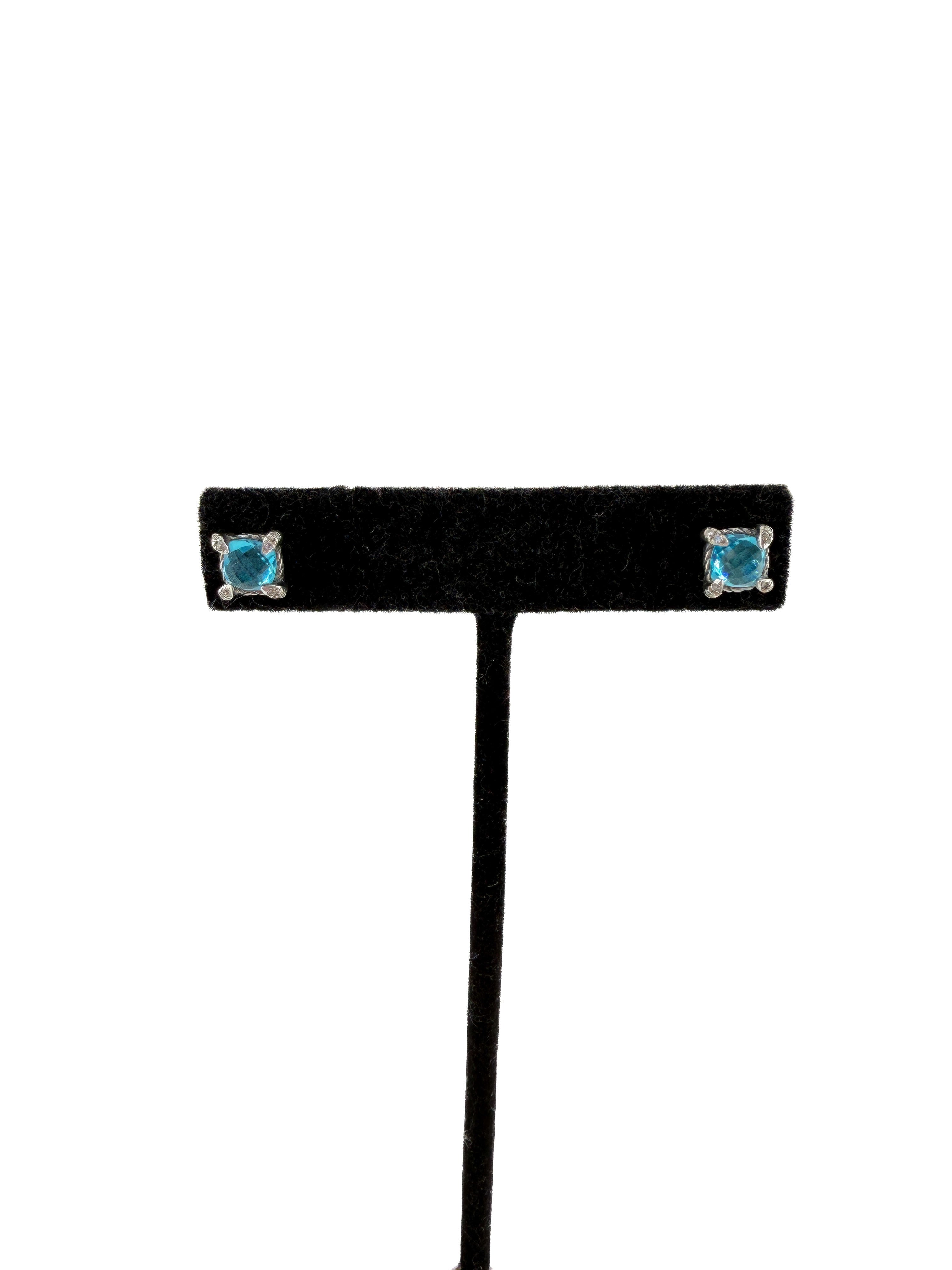 David Yurman Chatelaine sterling silver, blue topaz, and diamond stud earrings