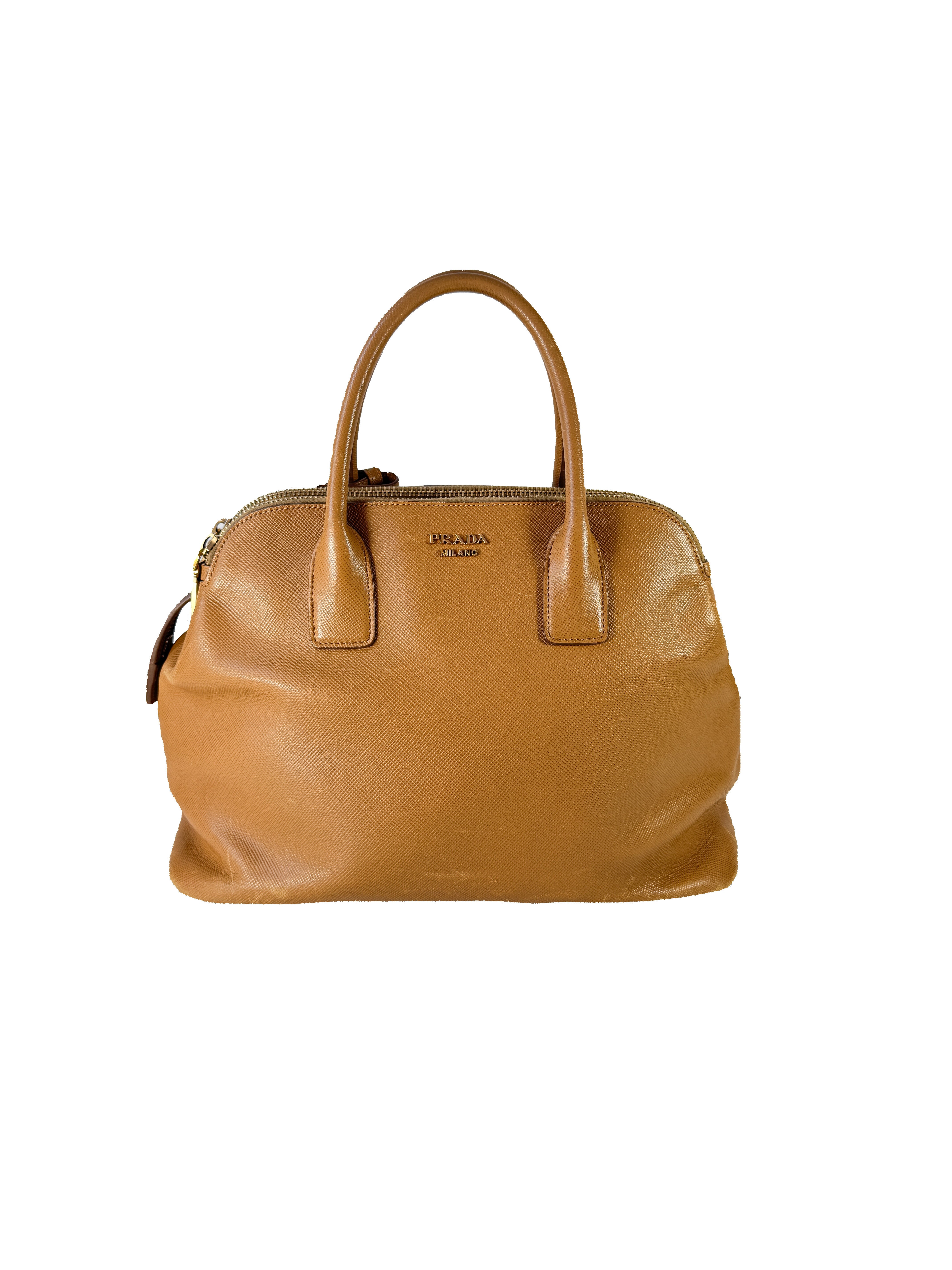Prada brown Saffiano triple zip domed satchel 180