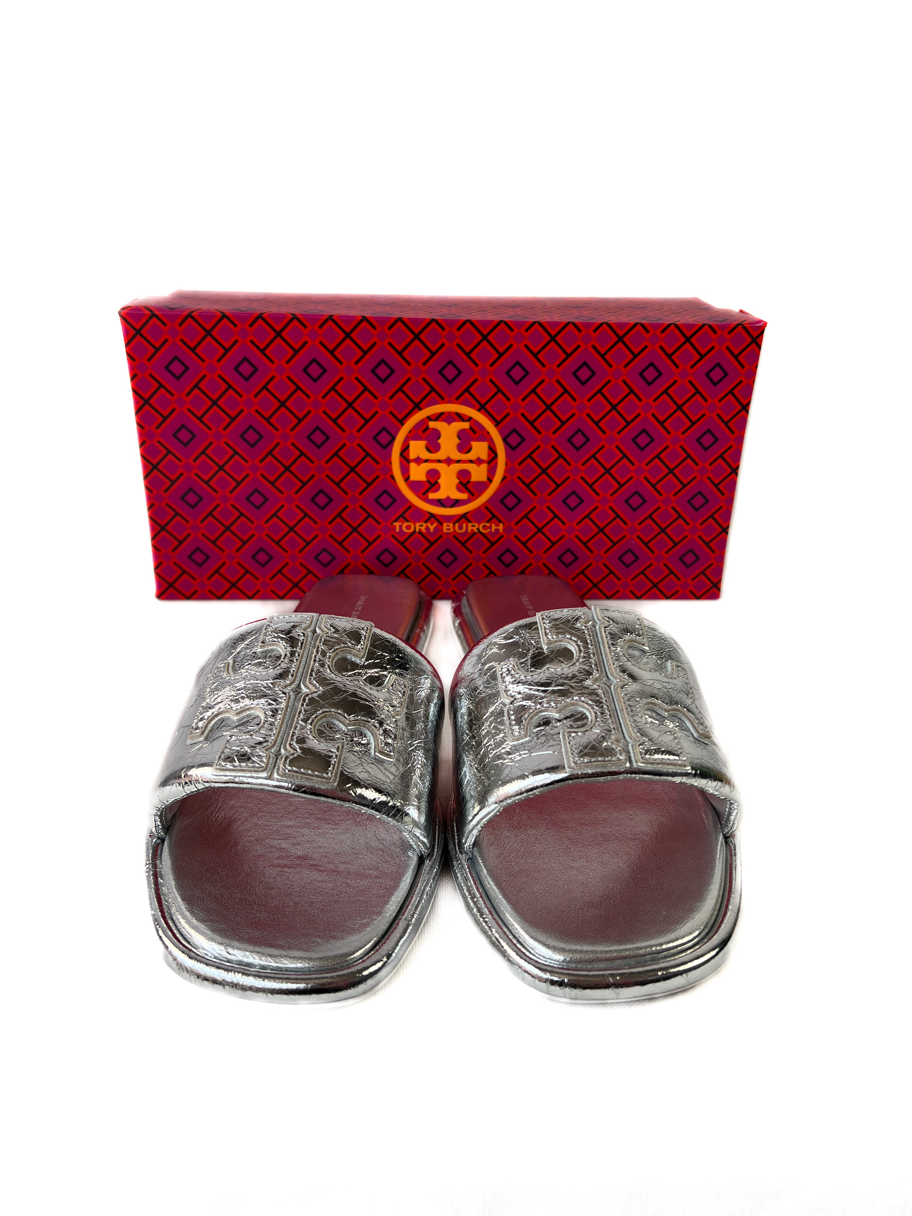 Tory Burch silver metallic leather Double T sport slides size 10.5 NEW