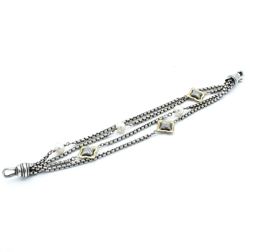 David Yurman sterling silver, 18k gold, pearl Quatrefoil multi-strand bracelet