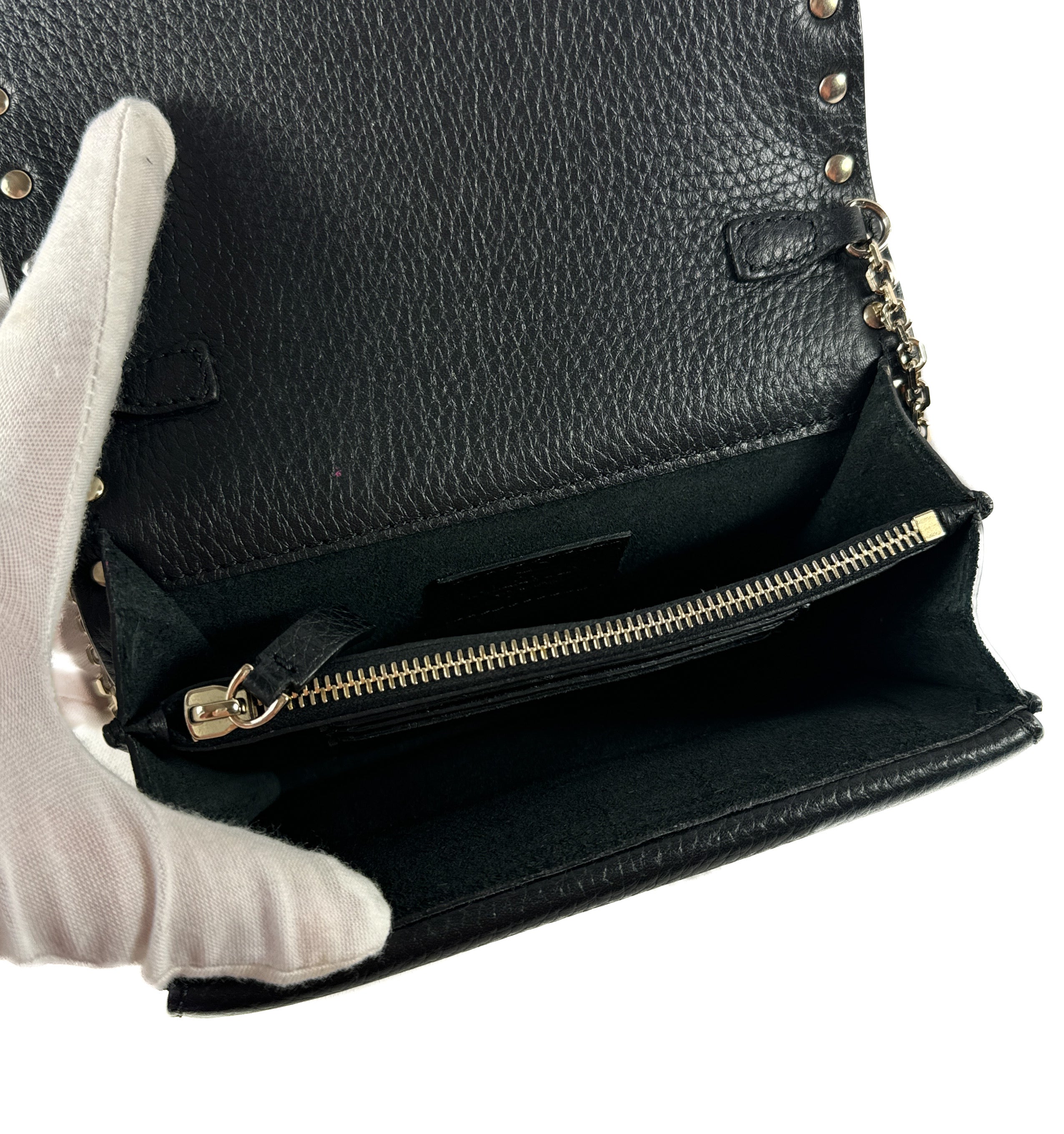 Valentino Garavani black rockstud chain pochette current retail $1180