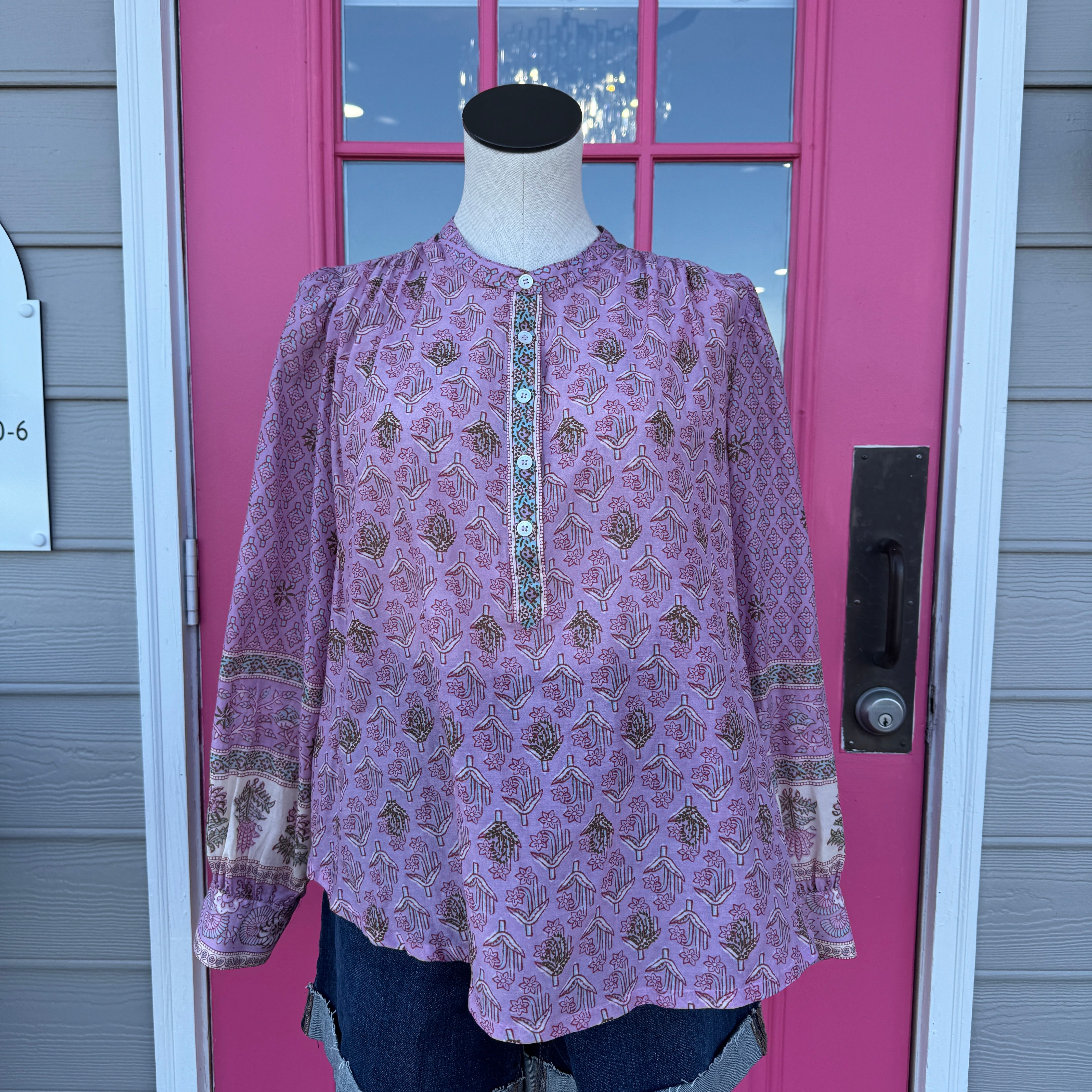 Xirena purple print sheer long sleeve top size M