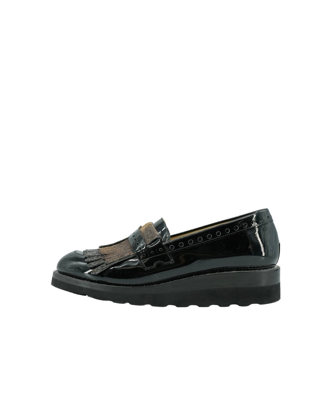 The Office of Angela Scott black patent leather metallic fringe Mr. Pennywise loafers size 38.5 (8.5)