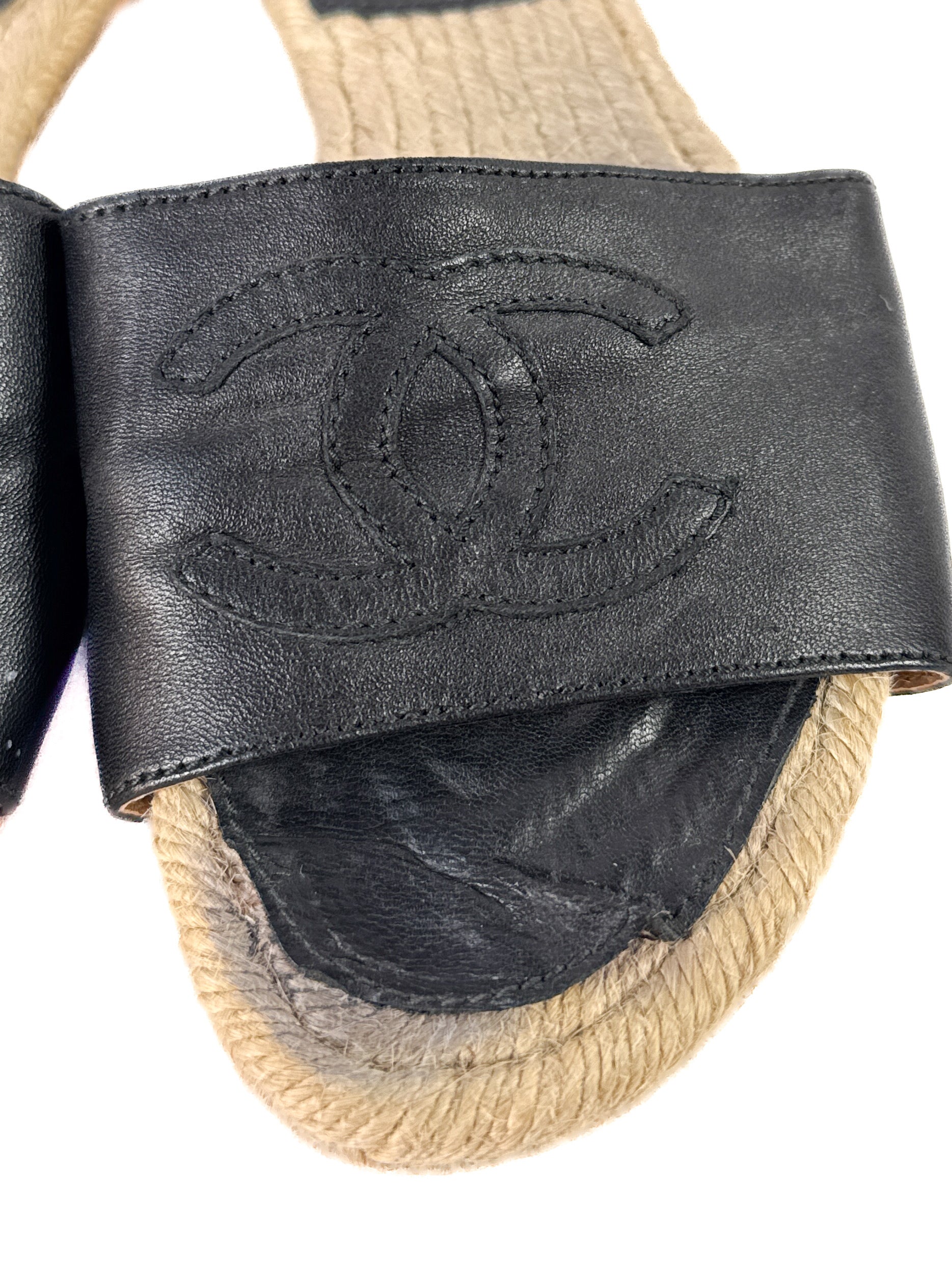Chanel black leather espadrille slide sandals size 38