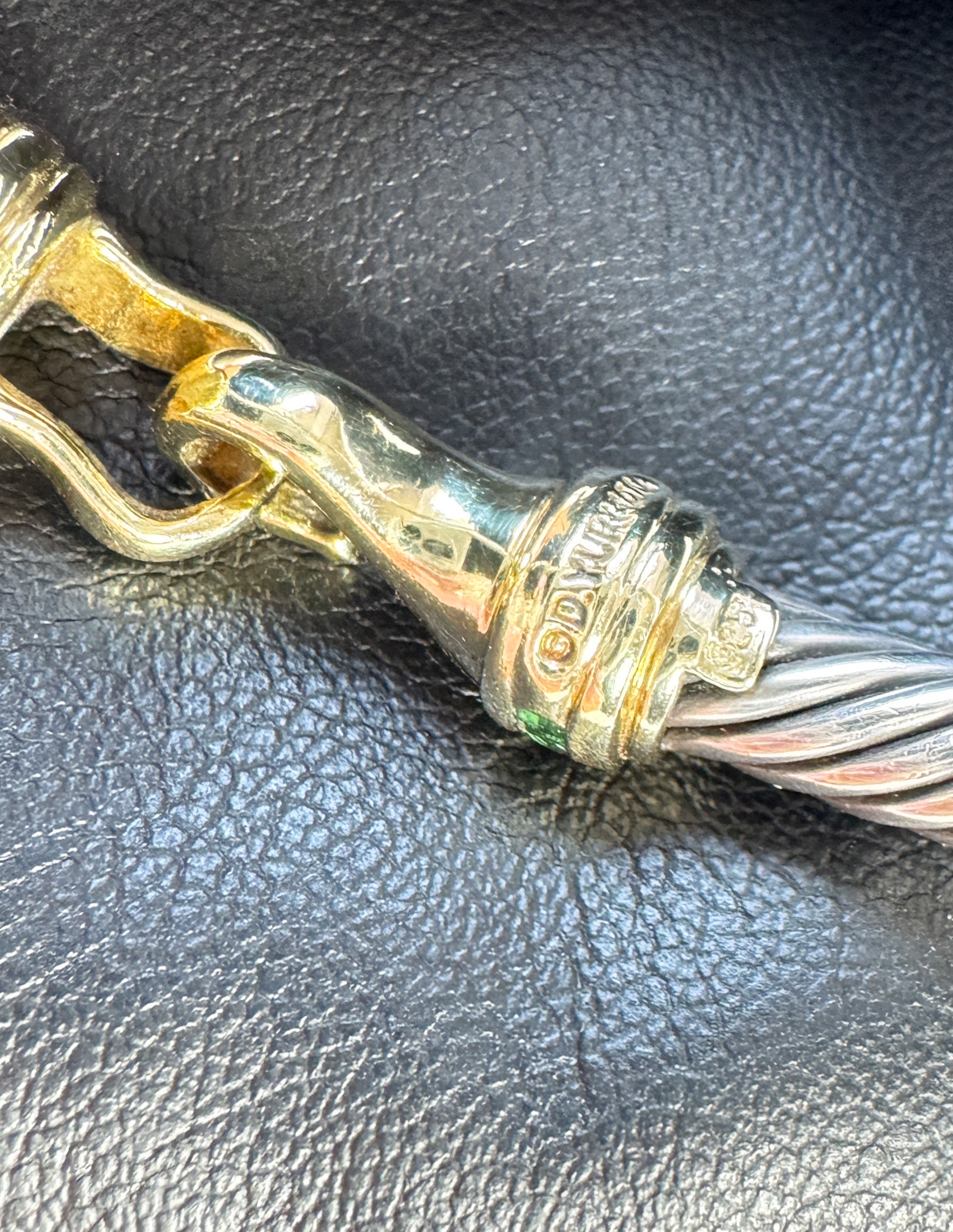 David Yurman sterling silver, yellow gold, emerald 5mm cable buckle bracelet