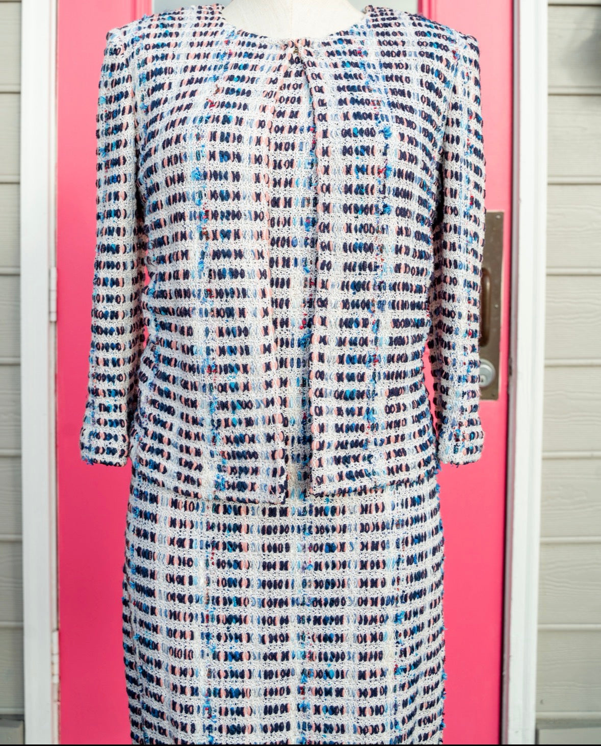 St. John pink, blue, white knit jacket dress set size 8/M