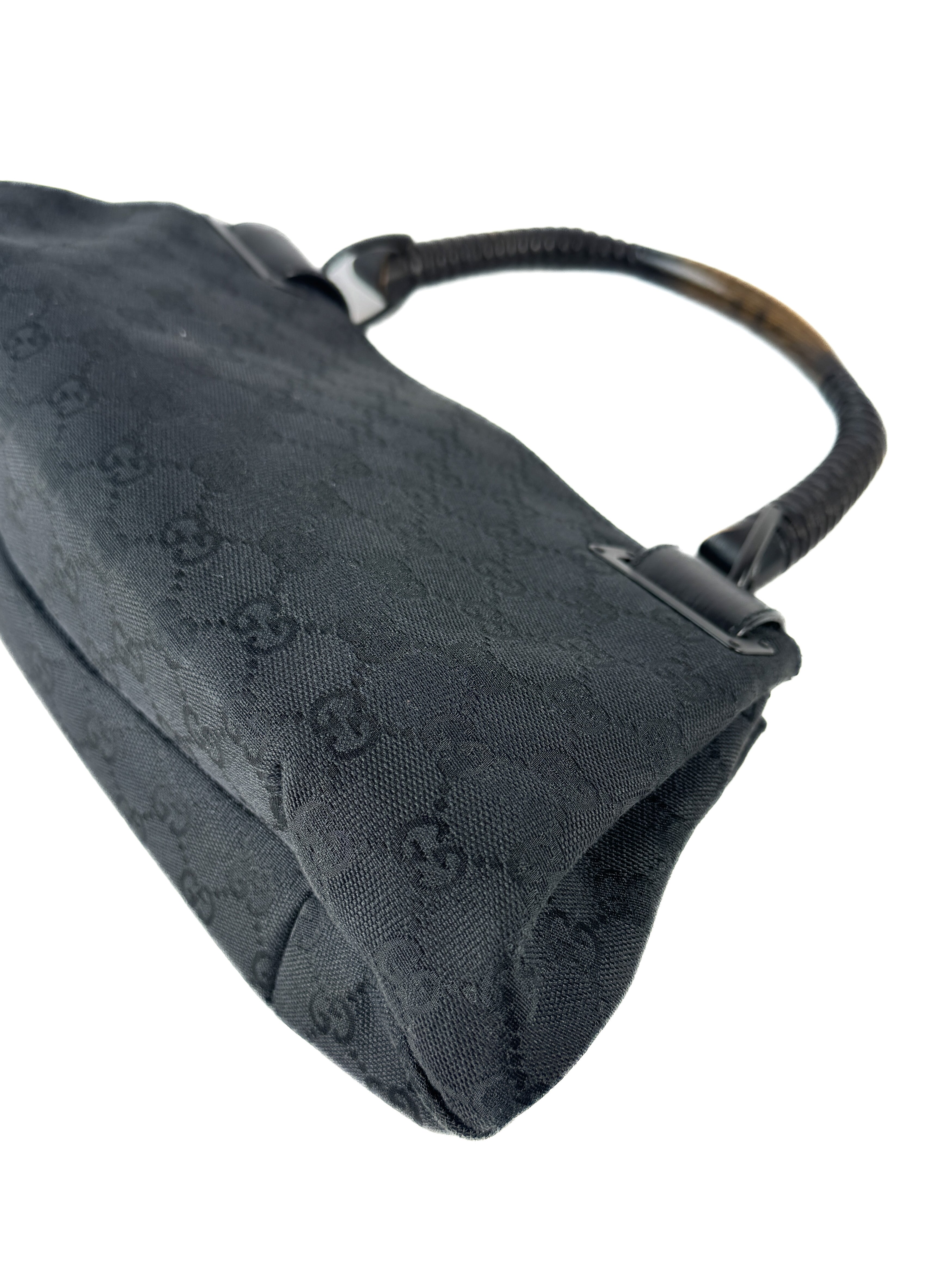 Gucci black leather GG wooden handle bag 112684 3444