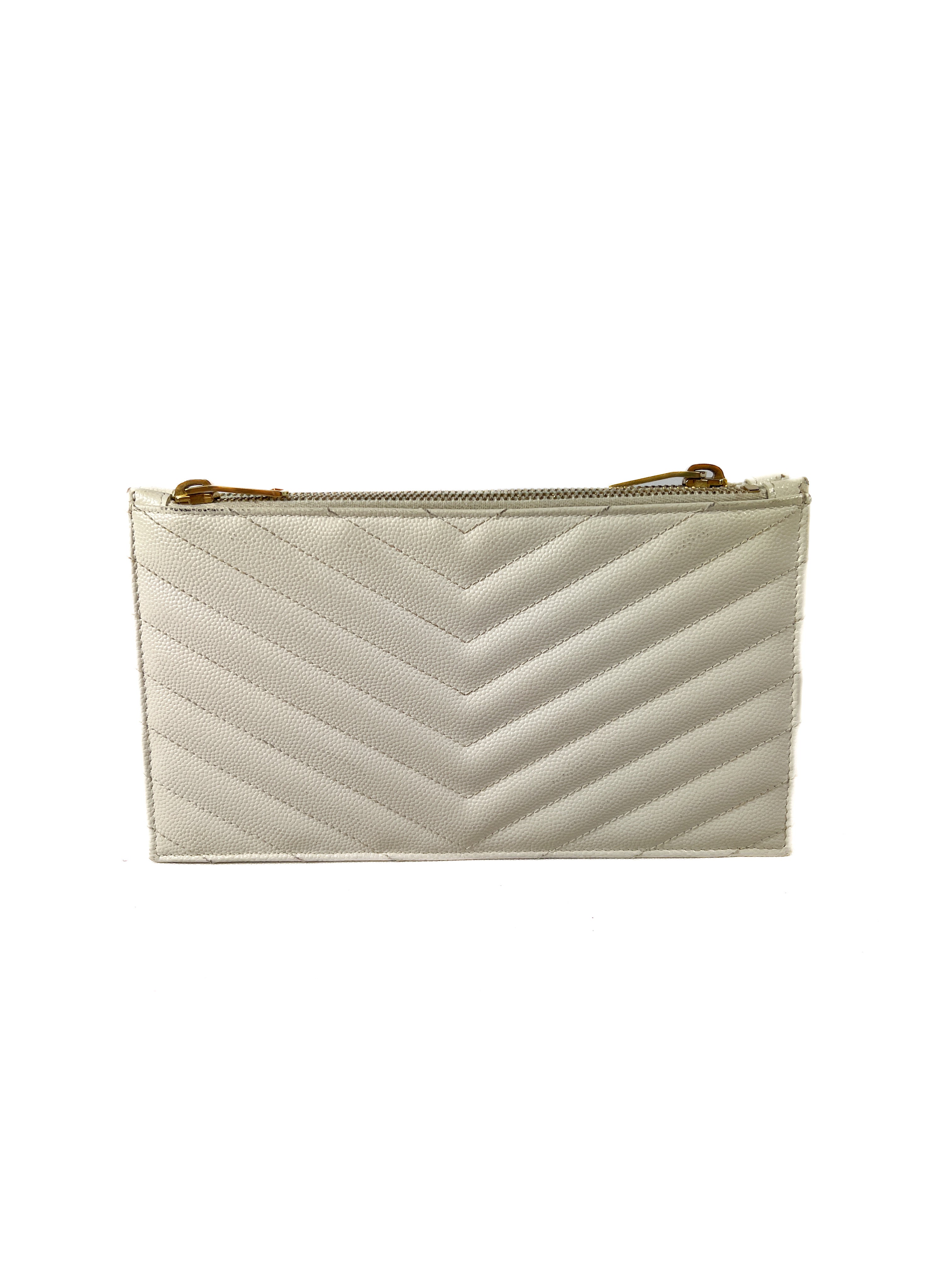 Saint Laurent off white Grain De Poudre Matelasse Chevron Double Zip Wallet