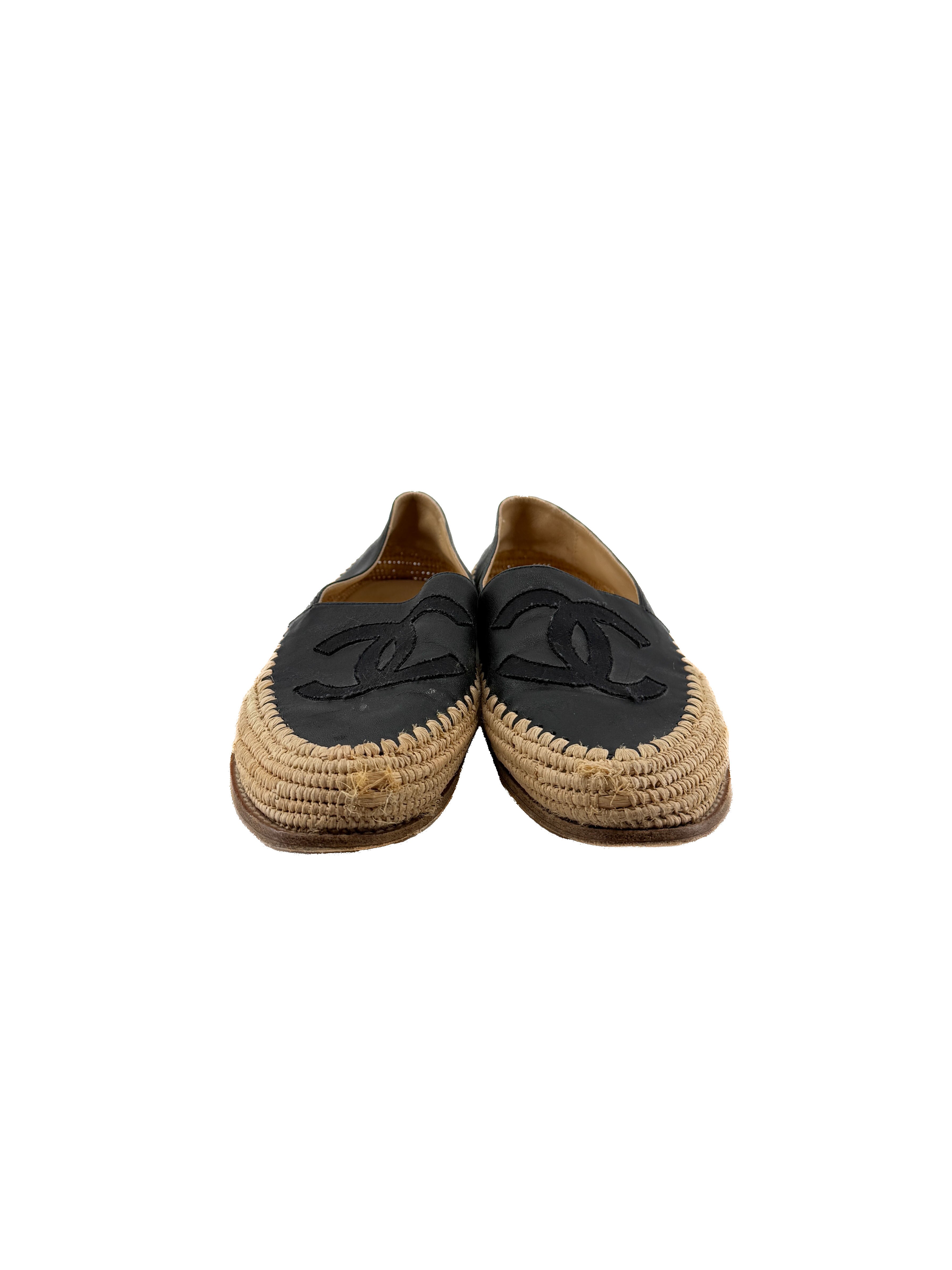 Chanel black leather raffia espadrilles size 40 *as is*