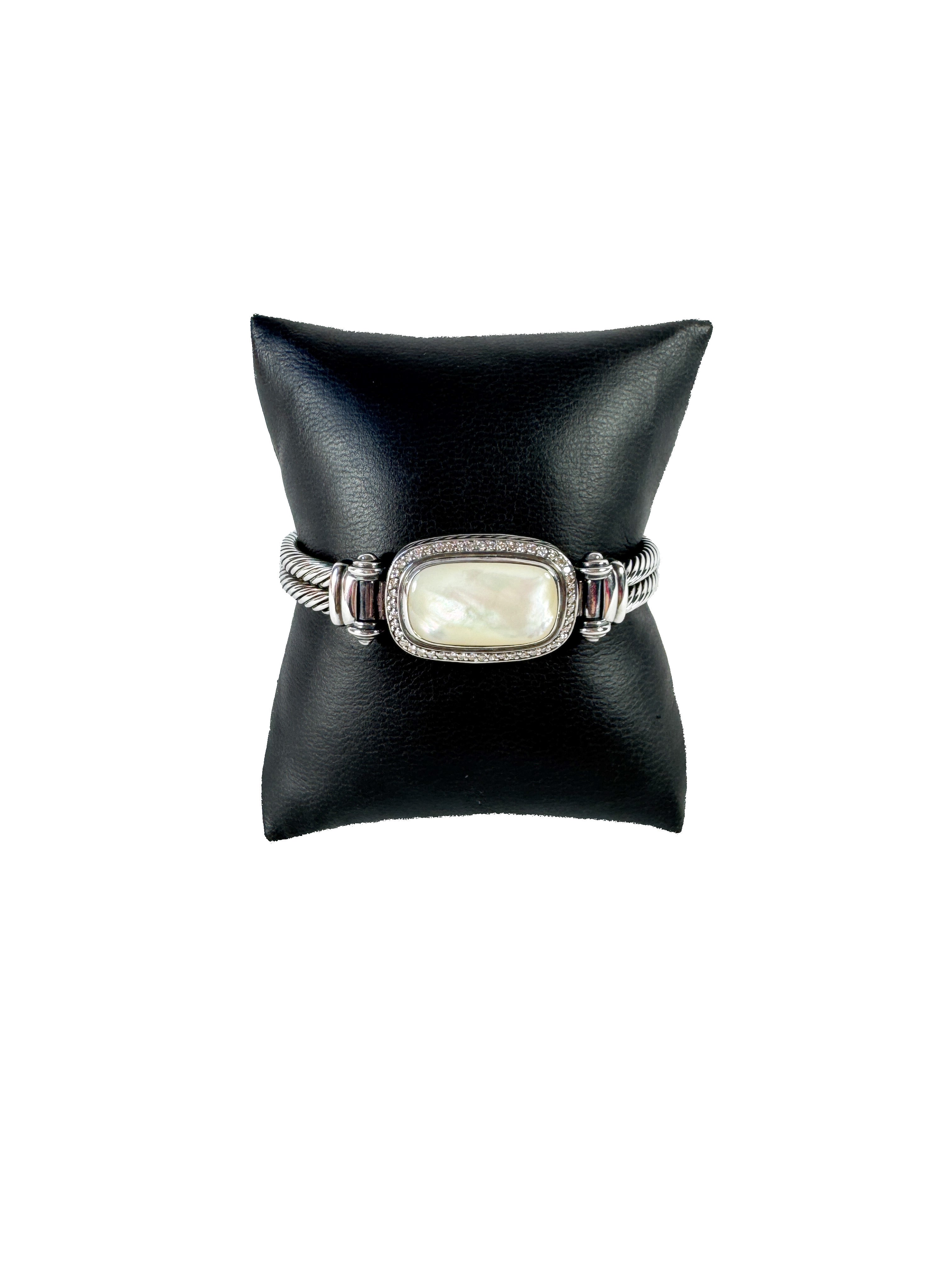 David Yurman sterling silver MOP diamond double cable bracelet