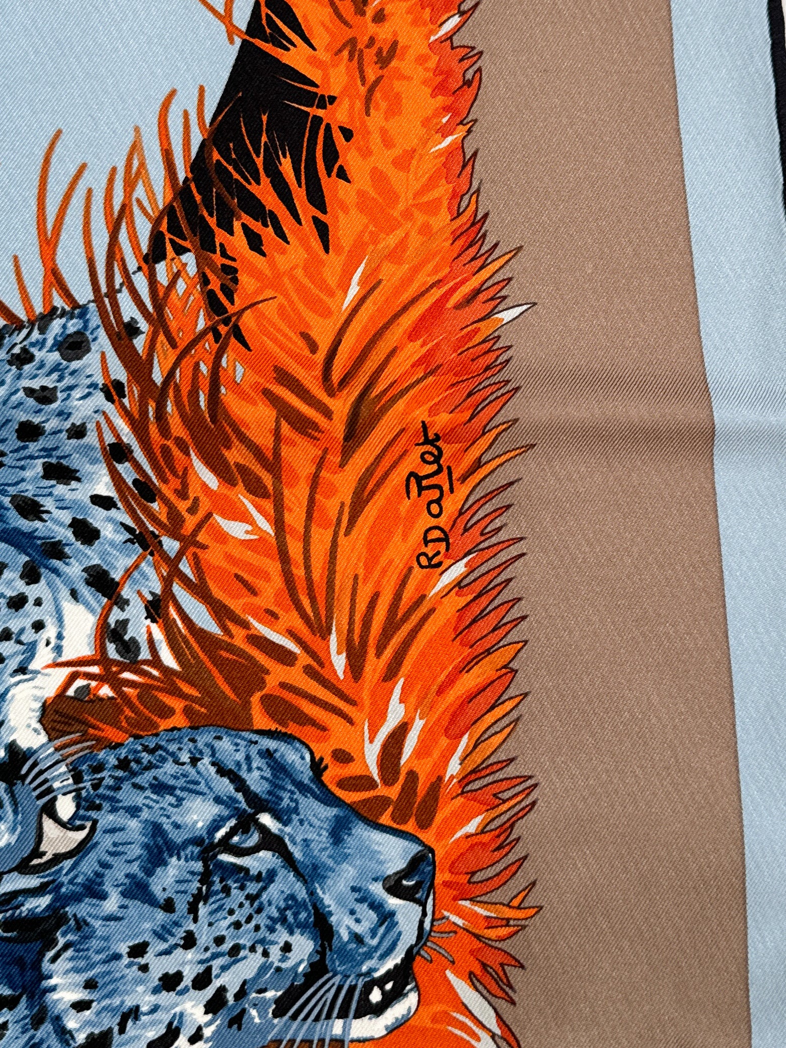 Hermès carre 90cm blue, orange, taupe guepards silk scarf