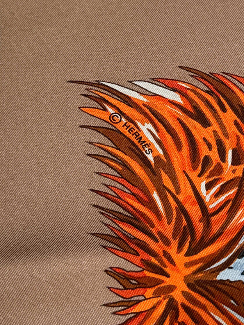 Hermès carre 90cm blue, orange, taupe guepards silk scarf