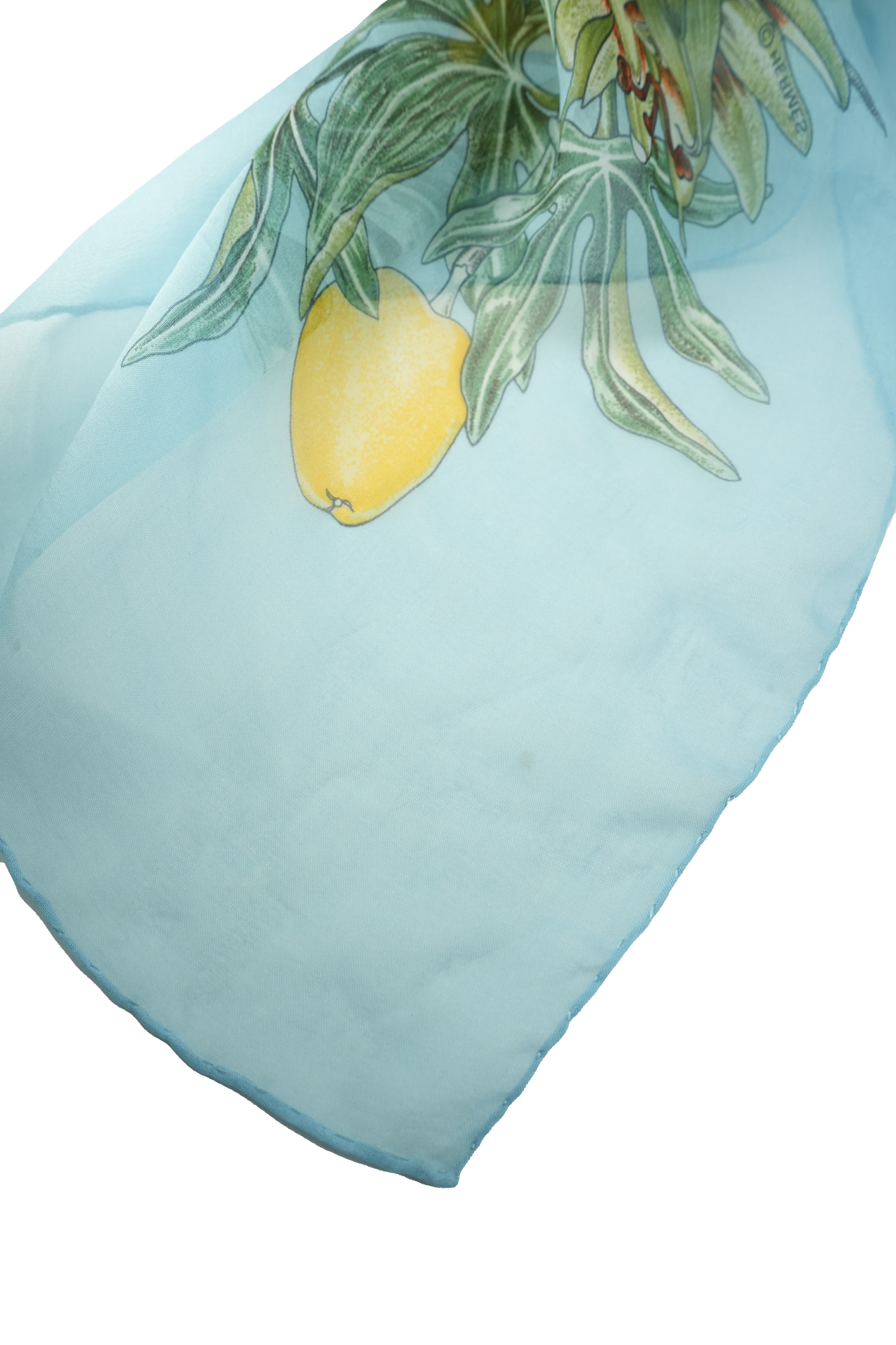 Hermès blue silk Passiflores oblong mousseline shawl